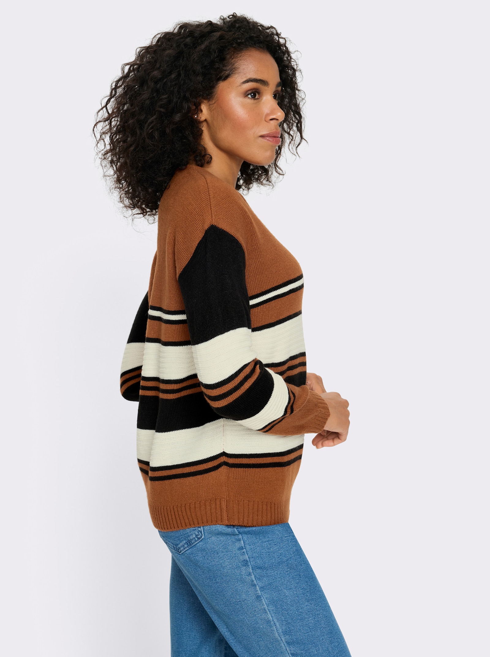 Pullover met lange mouwen en een geplaatst streepjespatroon - cognac/zwart gedessineerd