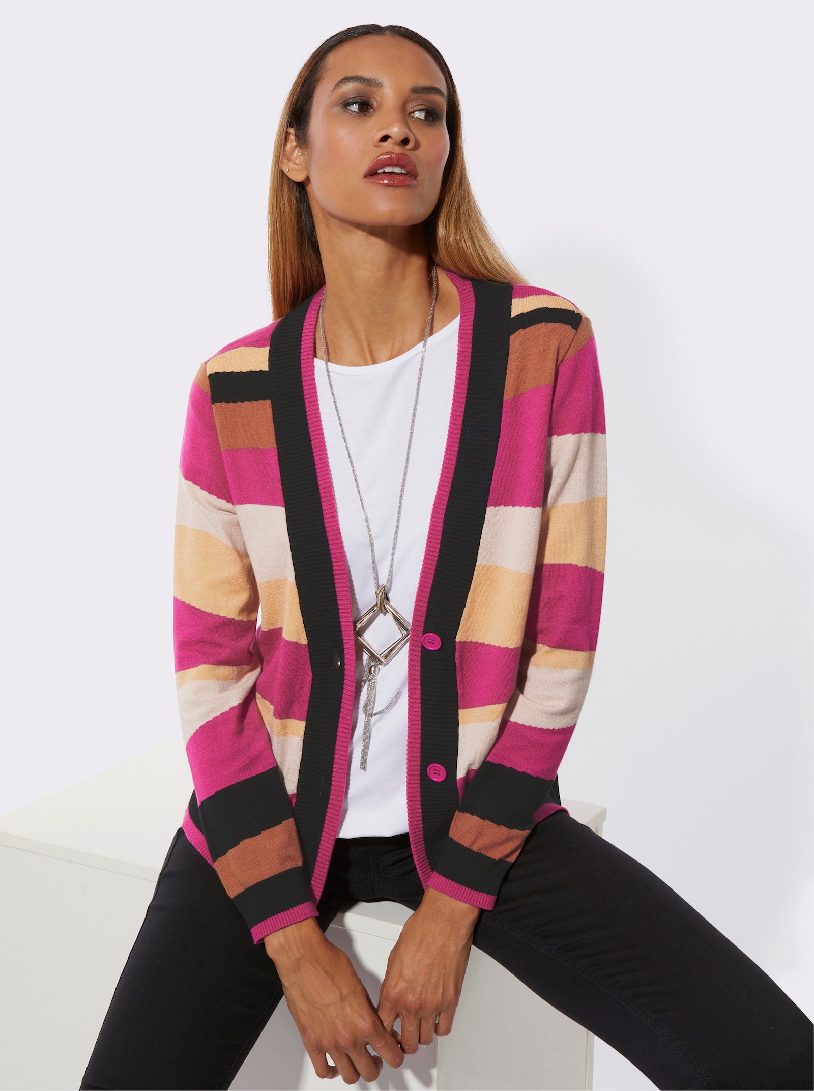 Veste en tricot fin avec bords-côtes - fuchsia-papaye à motifs