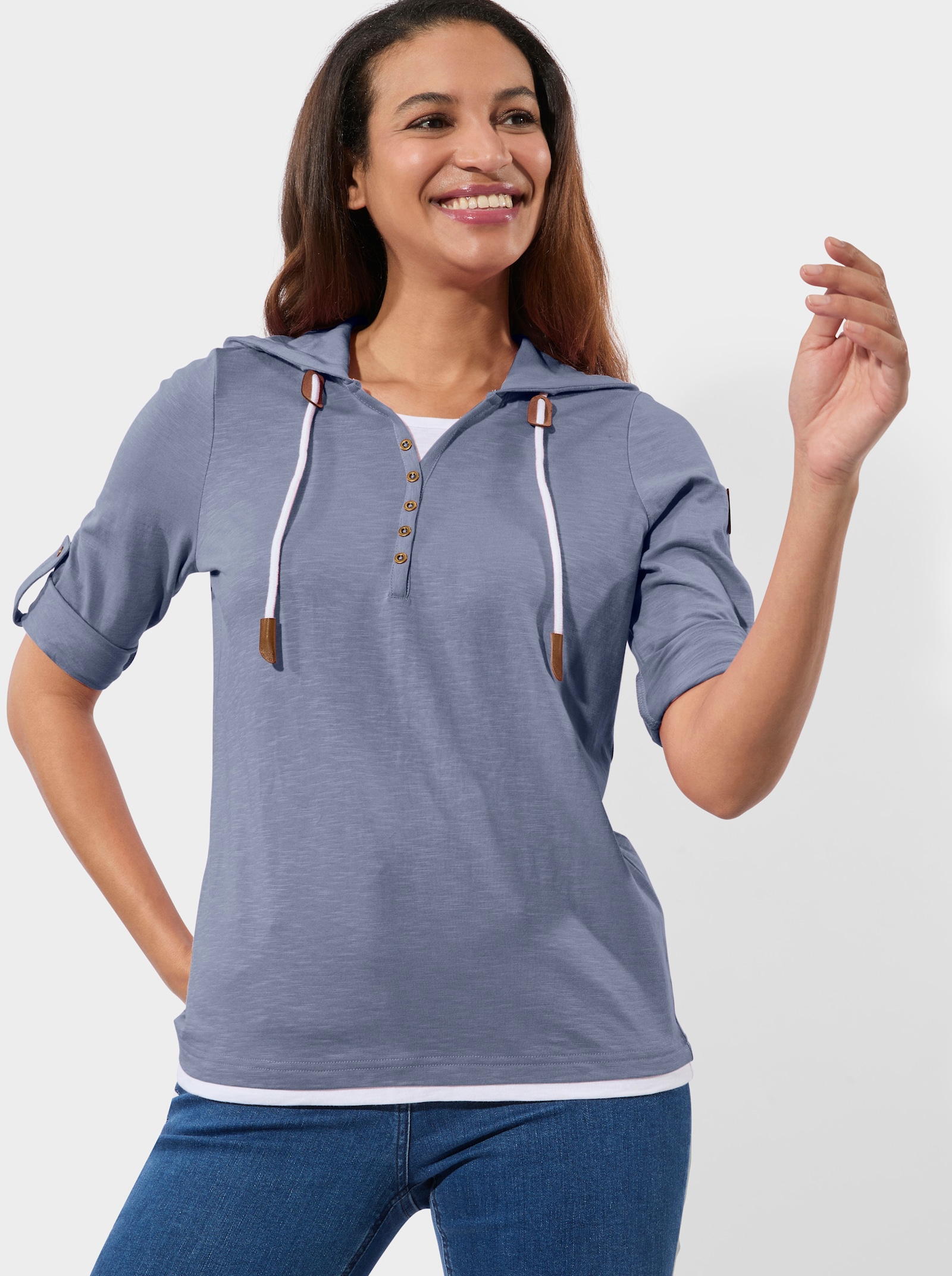 2-in-1-Shirt mit Kapuze - taubenblau-weiß