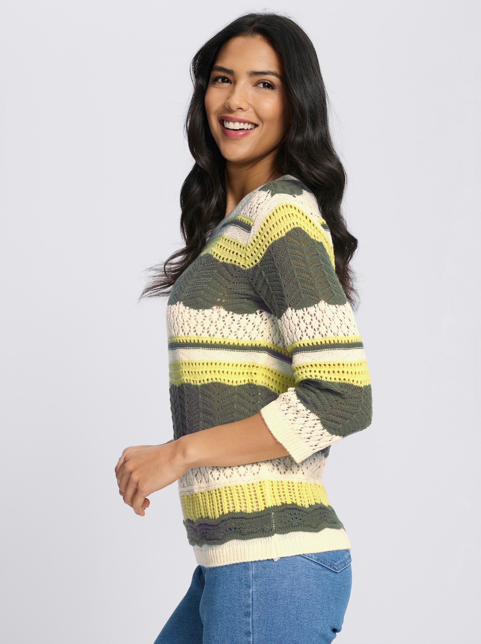 3/4 Arm-Pullover mit Ajour-Muster - khaki-zitrone-gemustert
