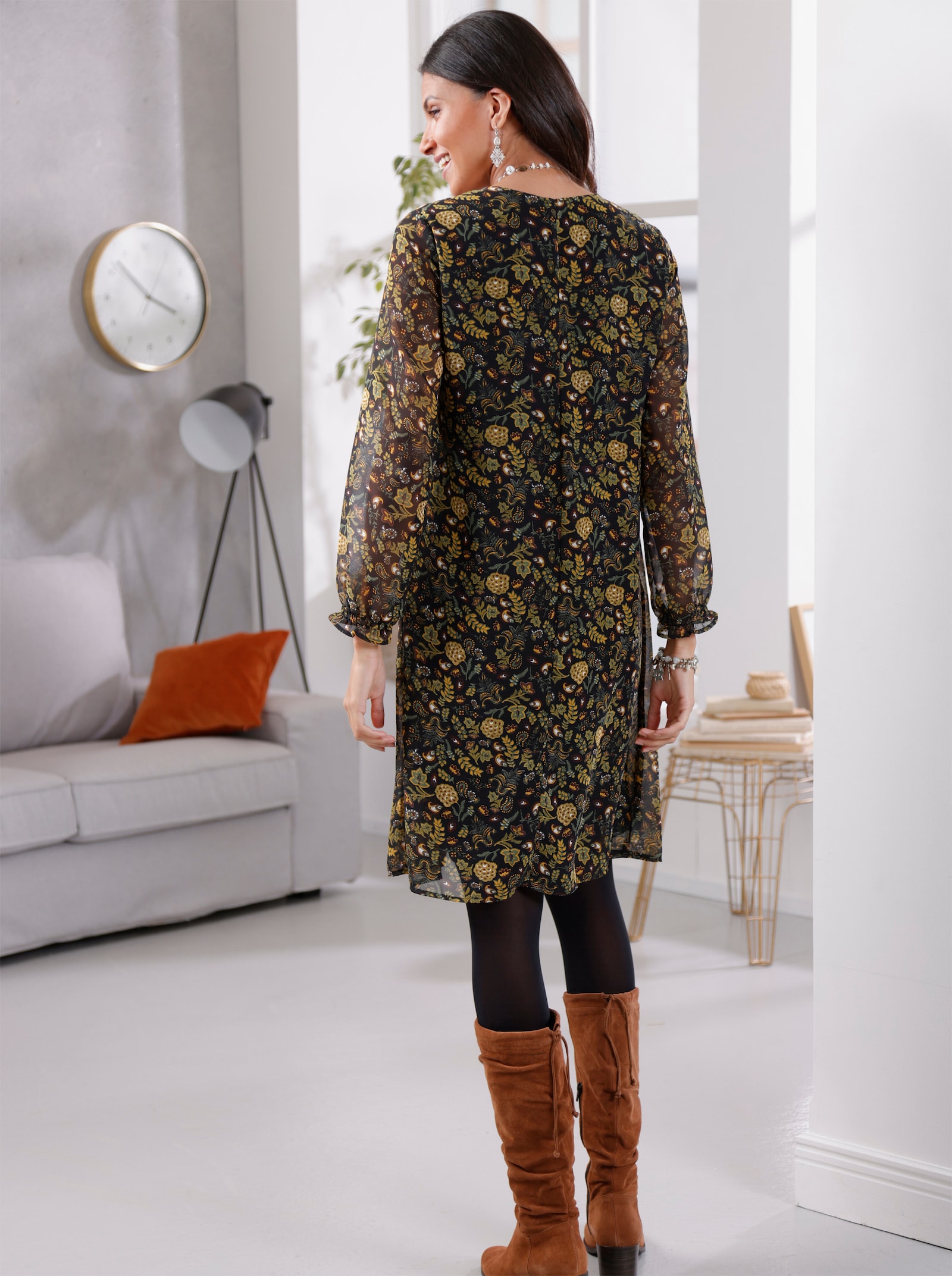 A-Linien-Kleid mit Raffungen vorne - schwarz-ocker