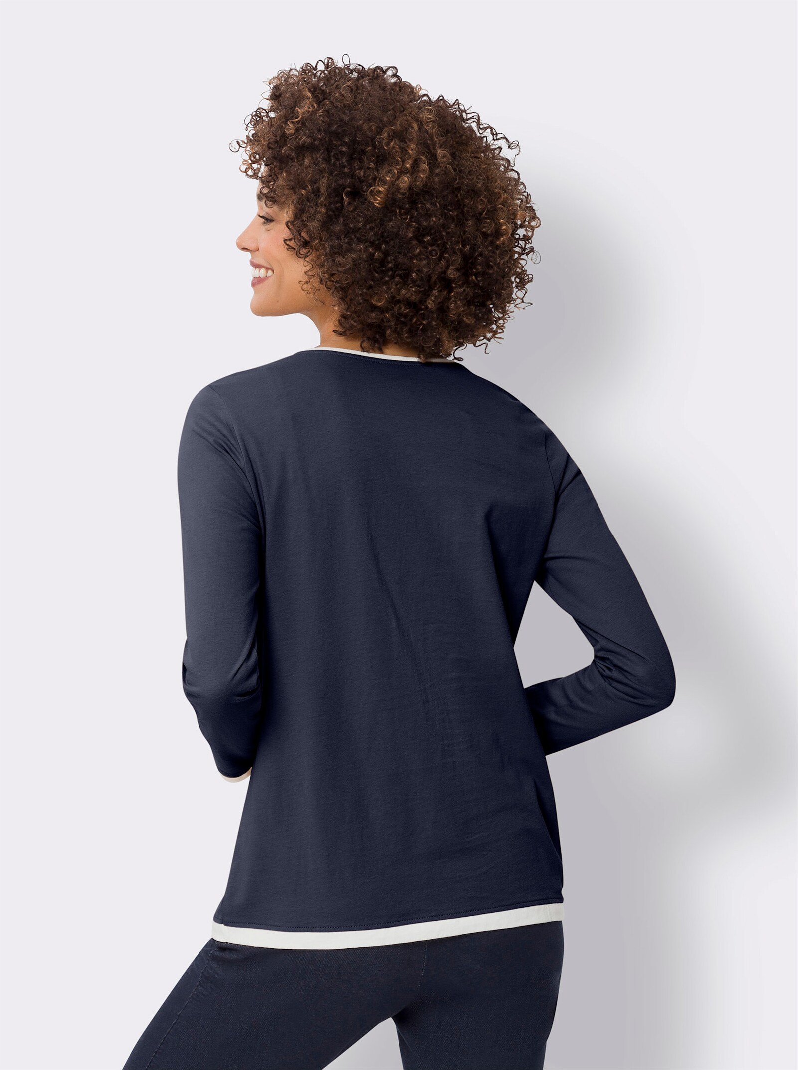 Shirt met lange mouwen en contrastbiezen - marine/ecru