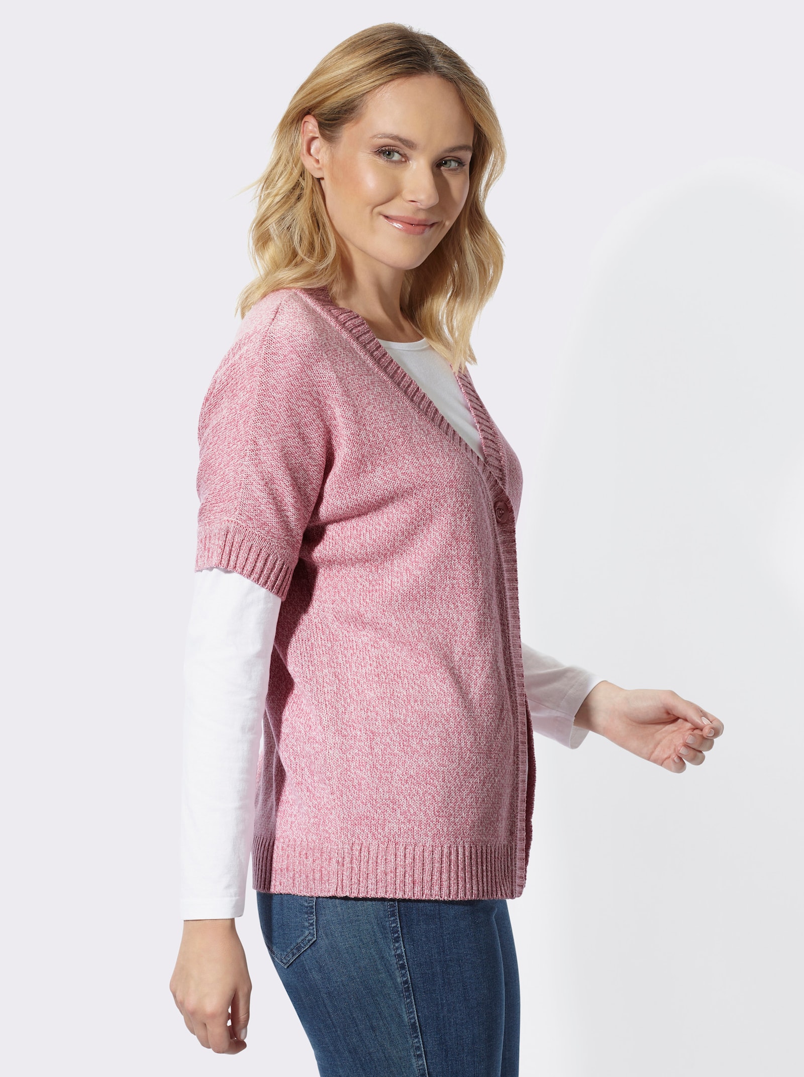 Strickjacke mit Fledermaus-Ärmeln - altrosa-ecru-meliert