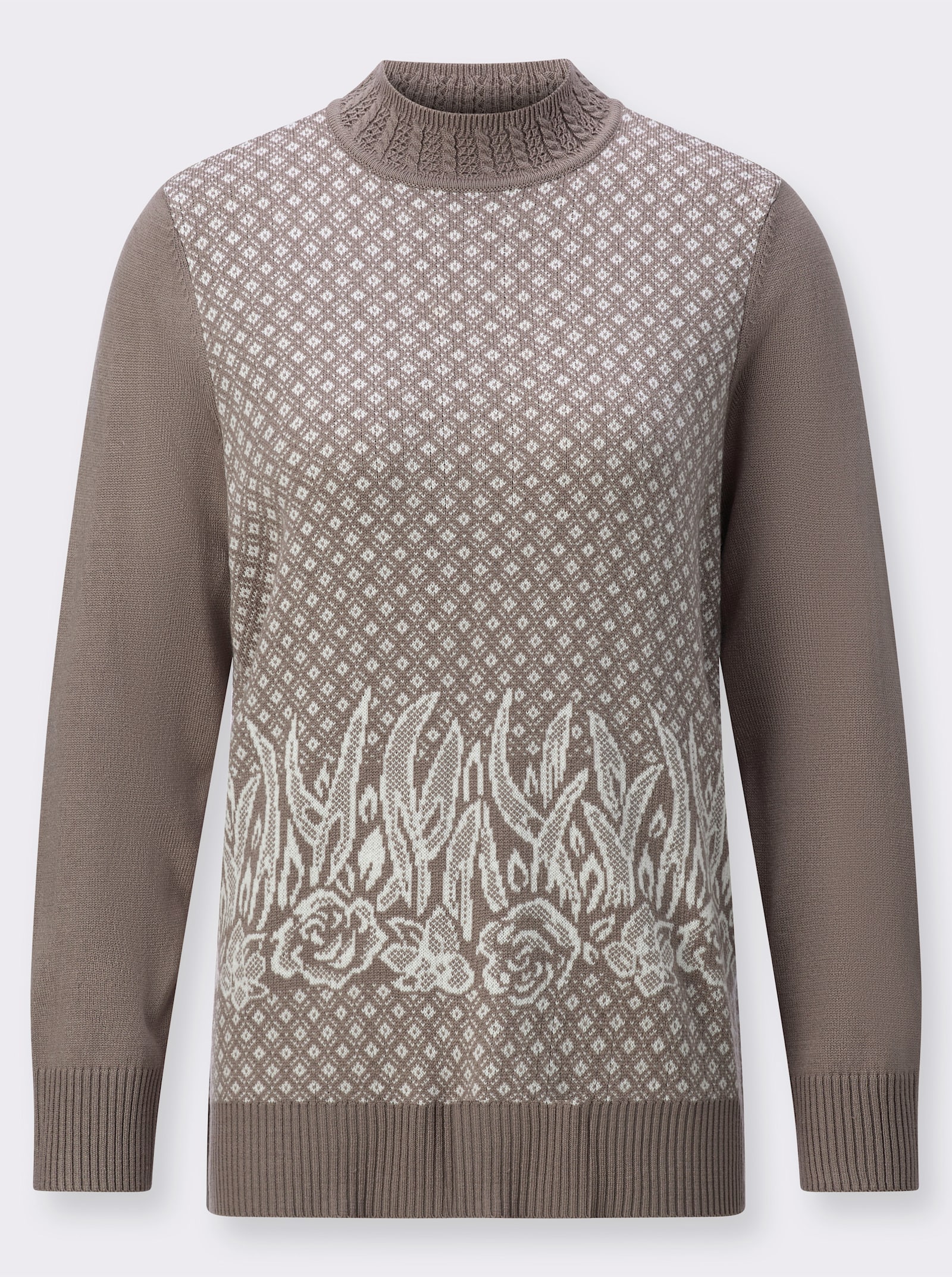Stehkragenpullover mit Intarsienmuster - taupe-ecru-gemustert
