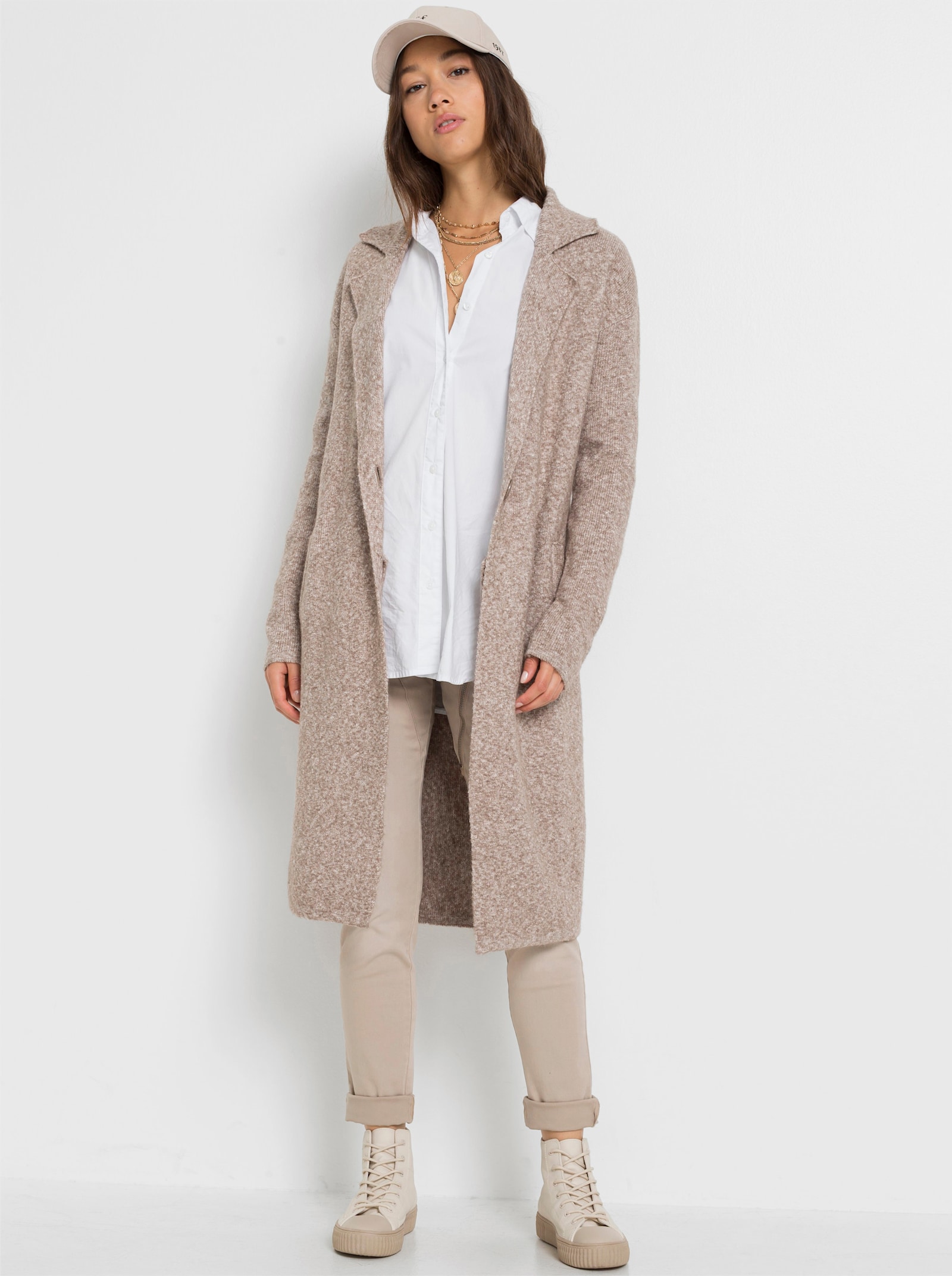 Strickjacke in Longform - beige-ecru-meliert