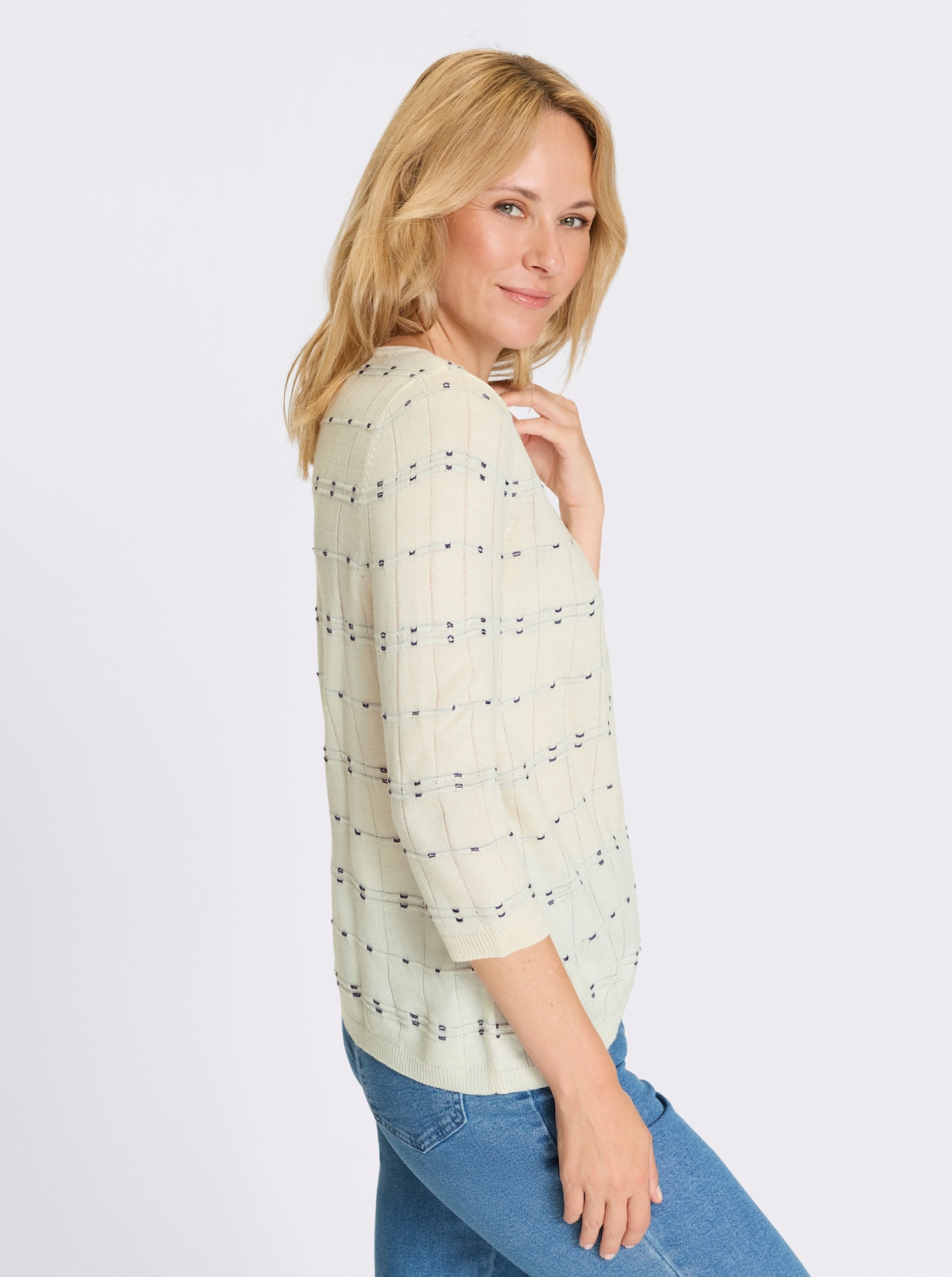 3/4 Arm-Pullover - ecru-marine-gemustert
