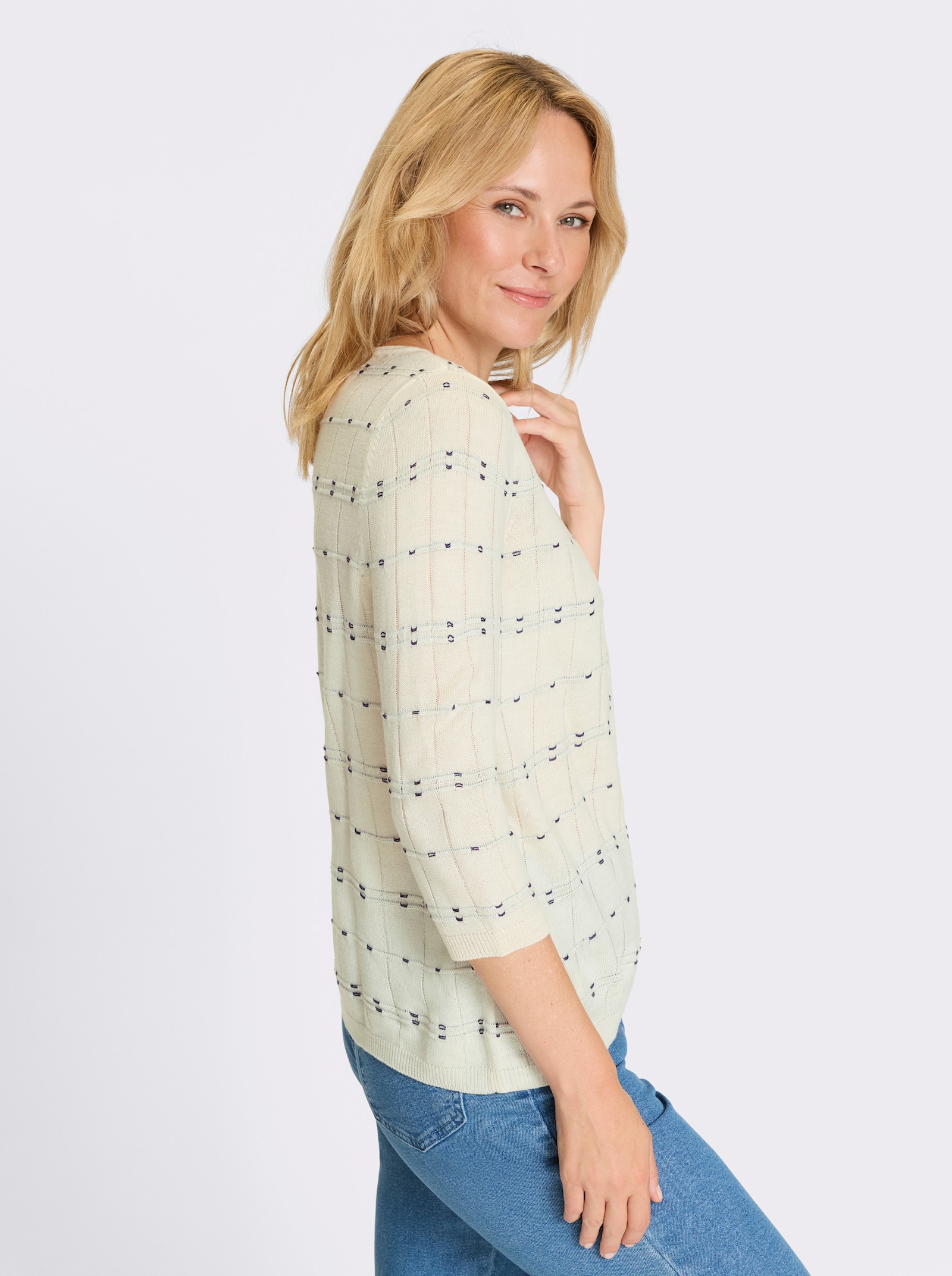 Svetr s 3/4 rukávem a pleteným vzorem - ecru-námořnická modrá-vzor