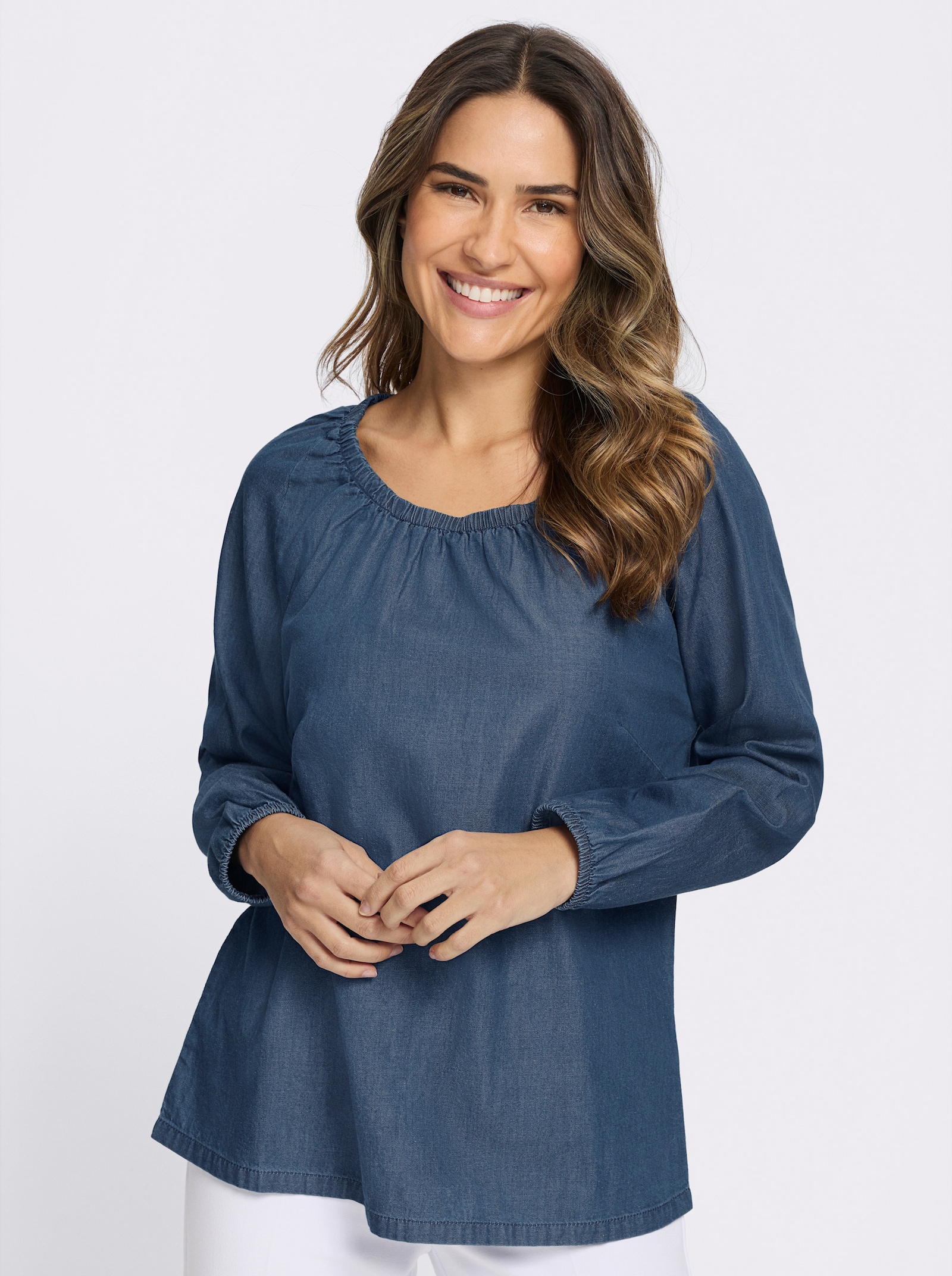 Jeansbluse mit Gummizug am Ausschnitt - blue-stone-washed