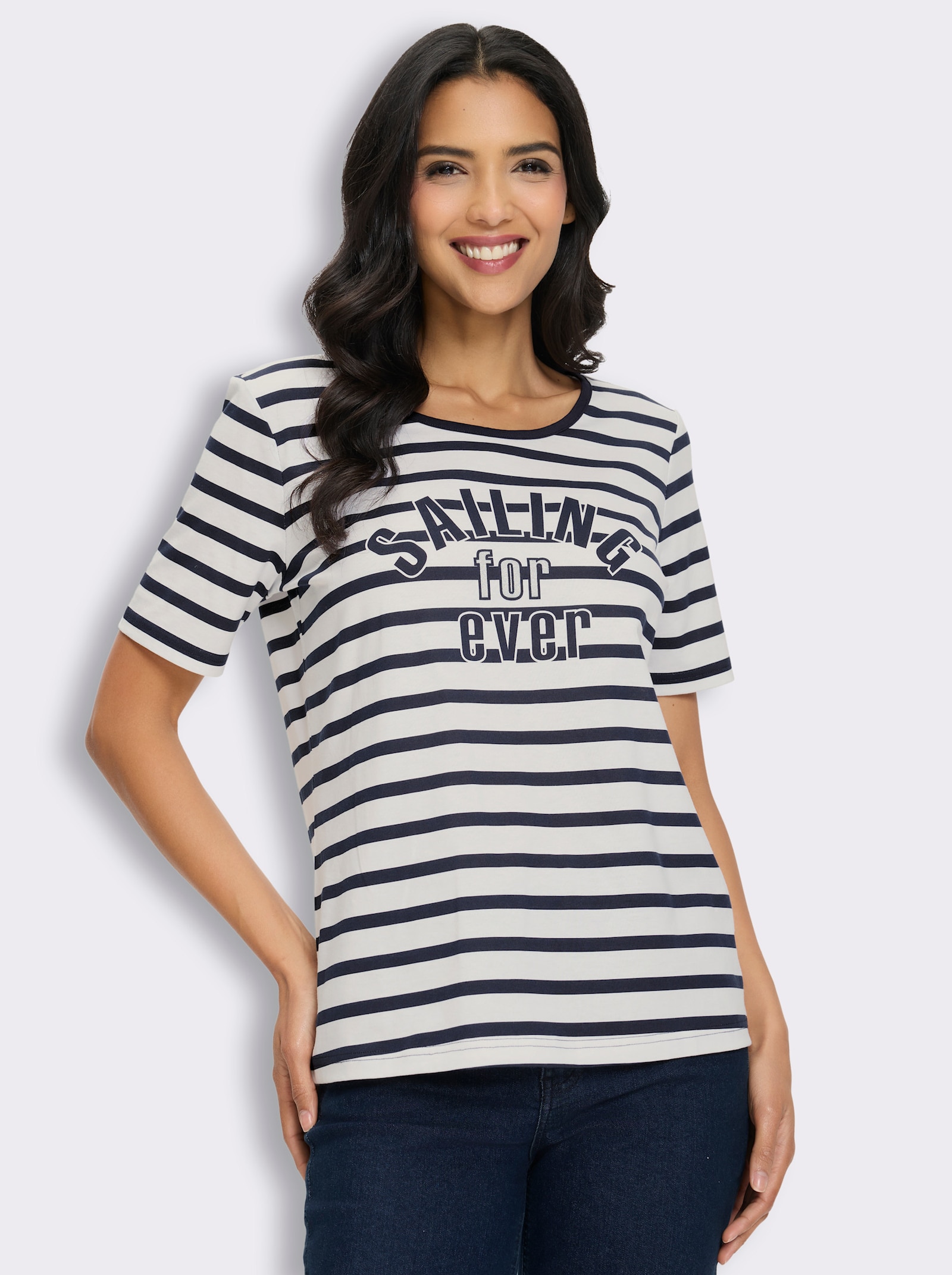 Kurzarmshirt mit Ringelmuster - weiß-marine-gestreift