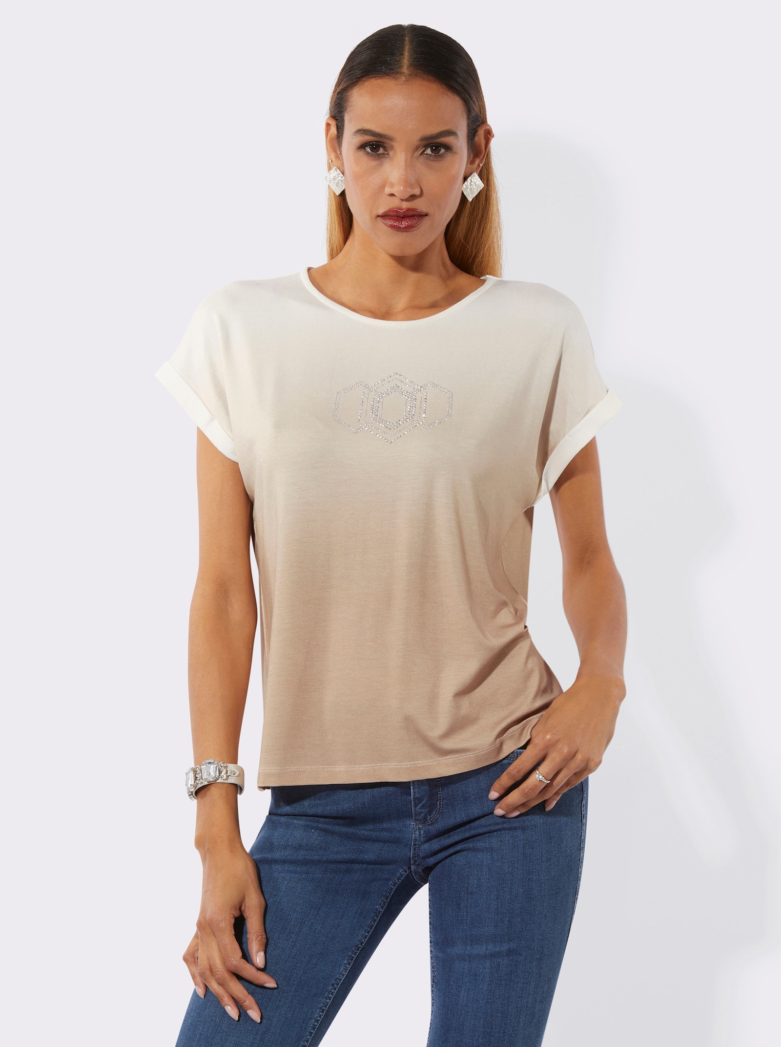 Shirt met ronde hals en op dessin geplaatst print - ecru/zand bedrukt