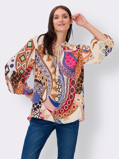 heine Druckbluse mit Ballonärmeln - champagner-royalblau-bedruckt