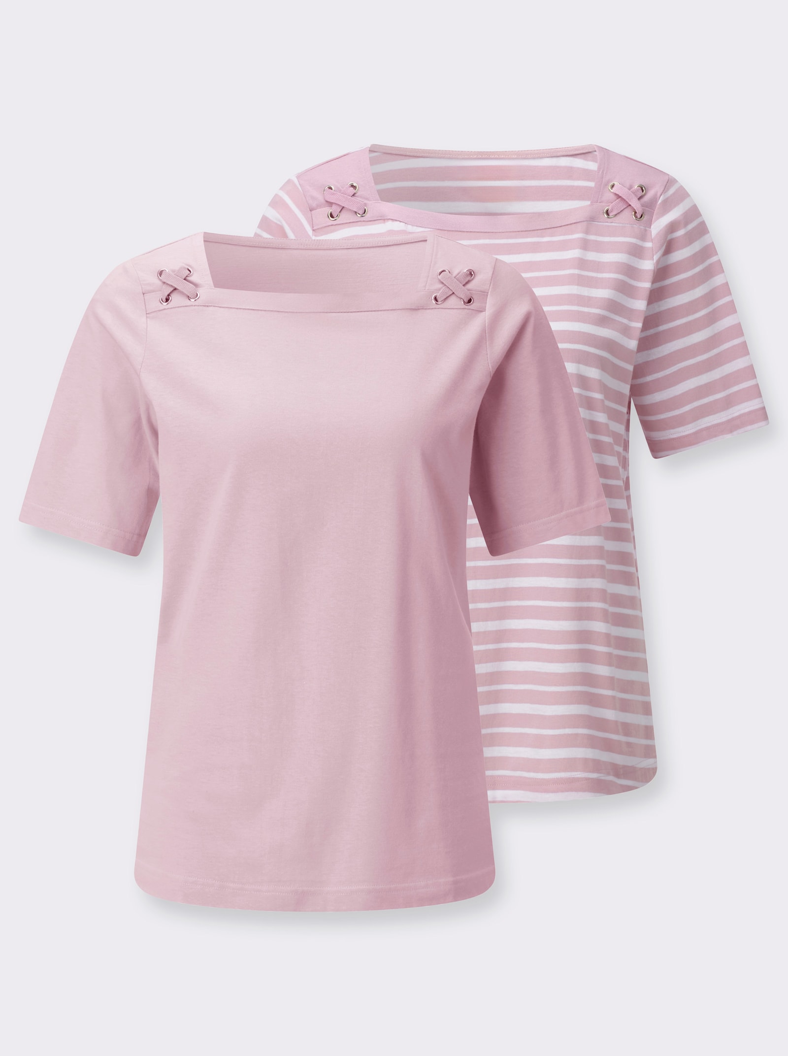 Shirt-Set mit dekorativem Ausschnitt - rosé + rosé-weiß-geringelt