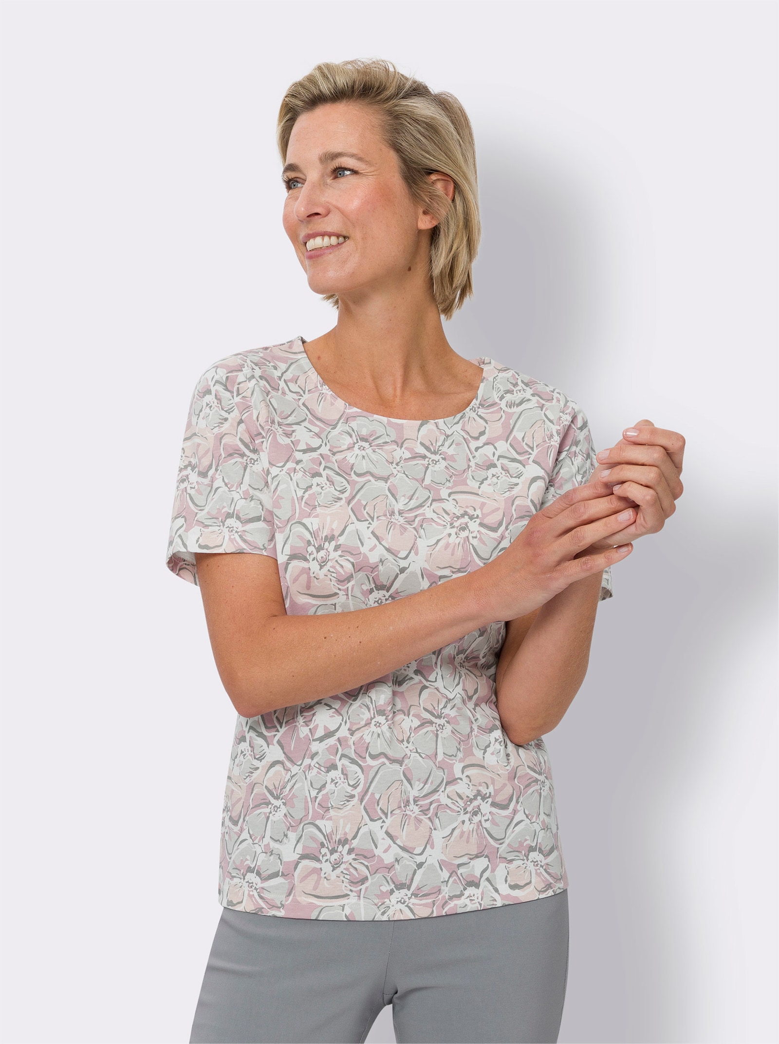 Kurzarmshirt aus reiner Baumwolle - ecru-hortensie-bedruckt