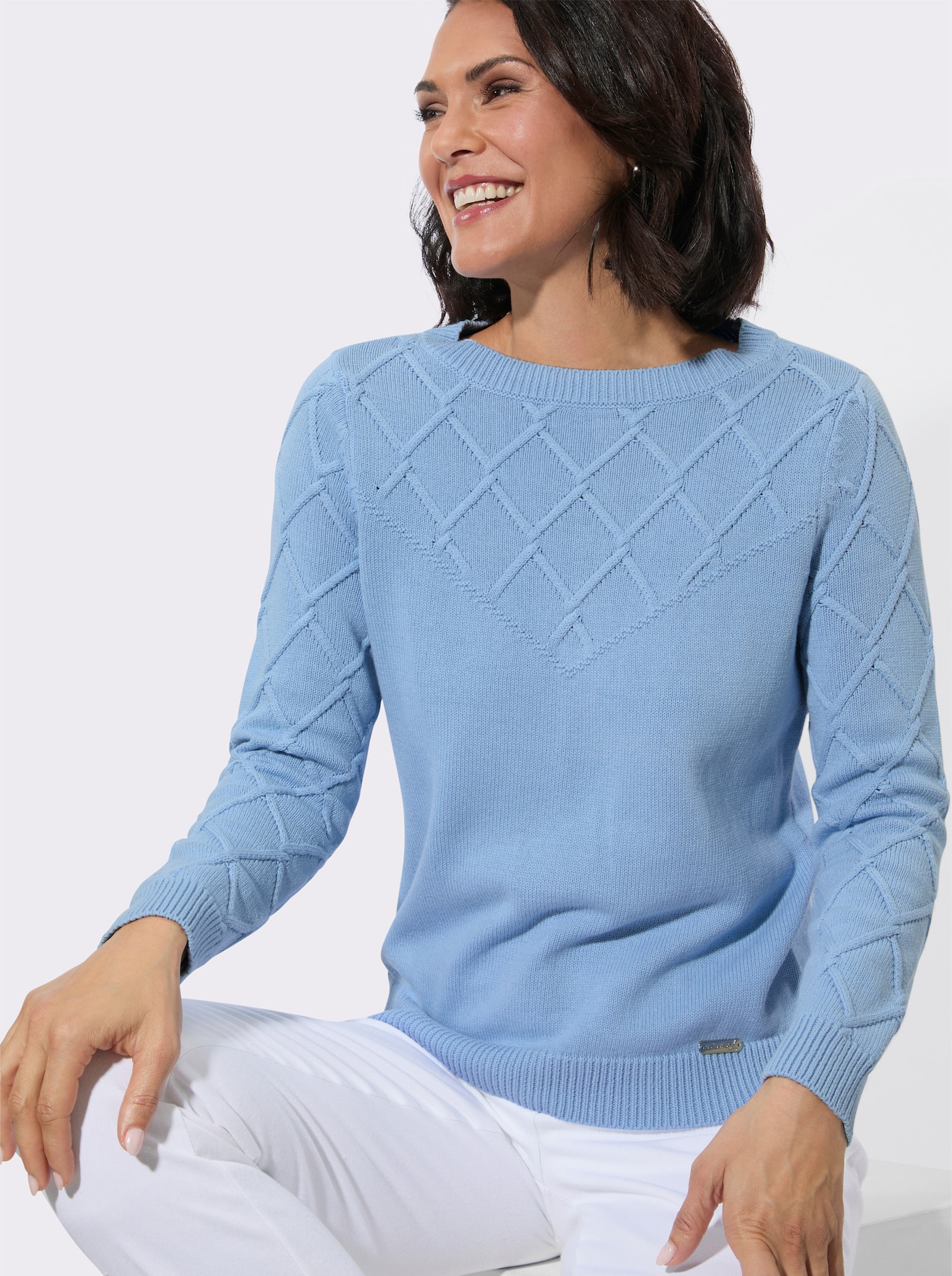 Baumwollpullover mit Rautenmuster - eisblau