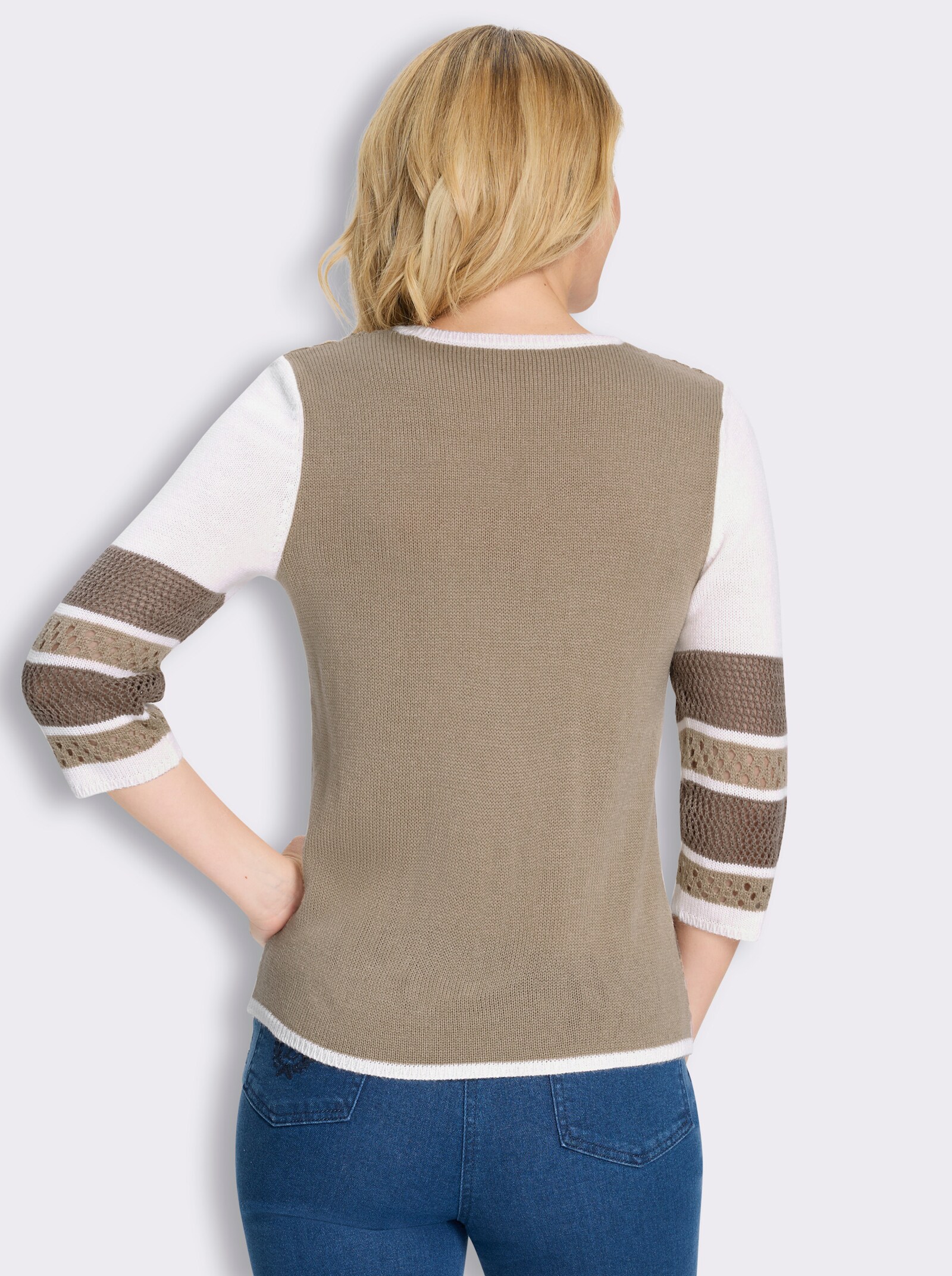 3/4-Arm-Pullover in Ajourstrick - ecru-beige-gestreift