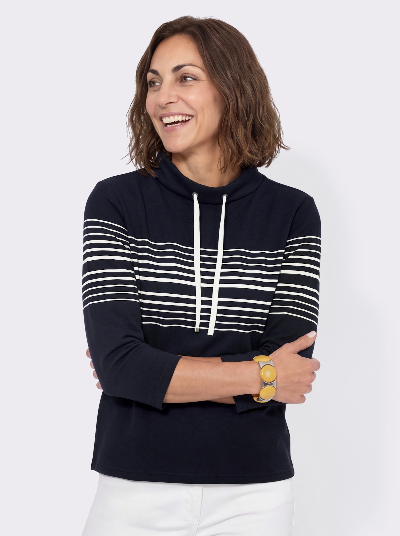 Sweatshirt mit Stehkragen - marine-ecru-geringelt
