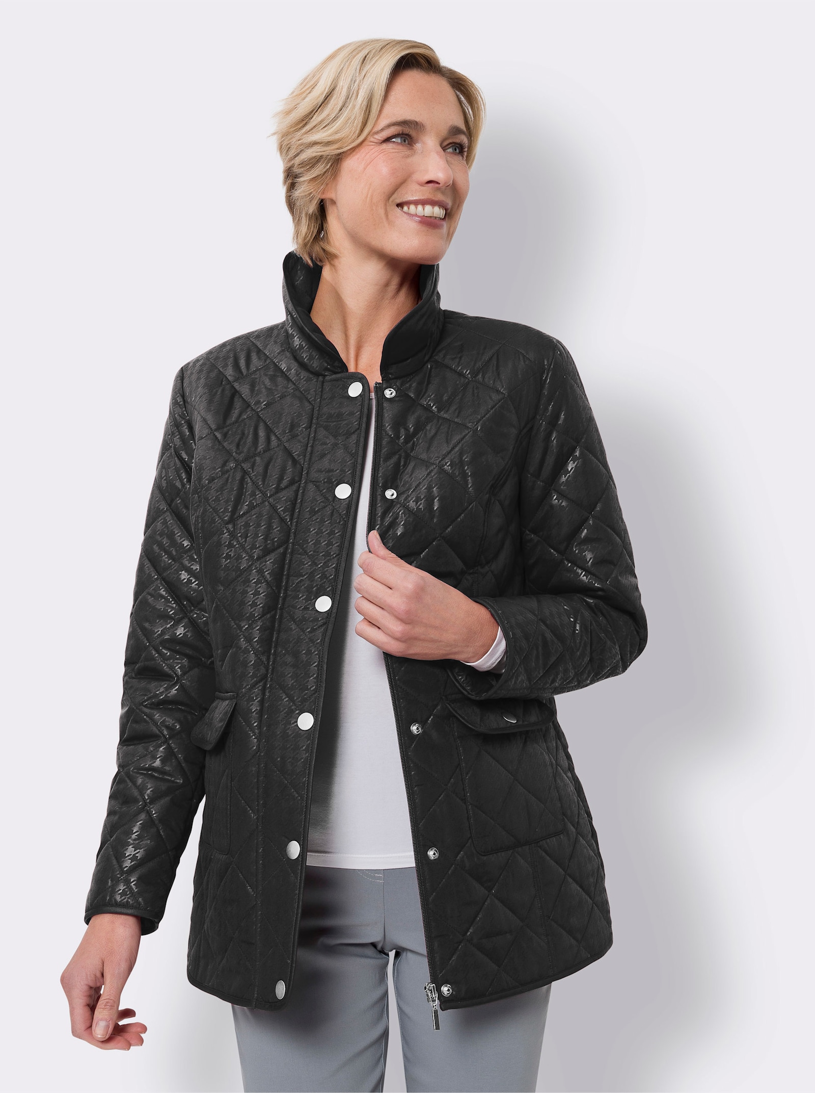 Gewatteerde jas met pied-de-poule-patroon - zwart