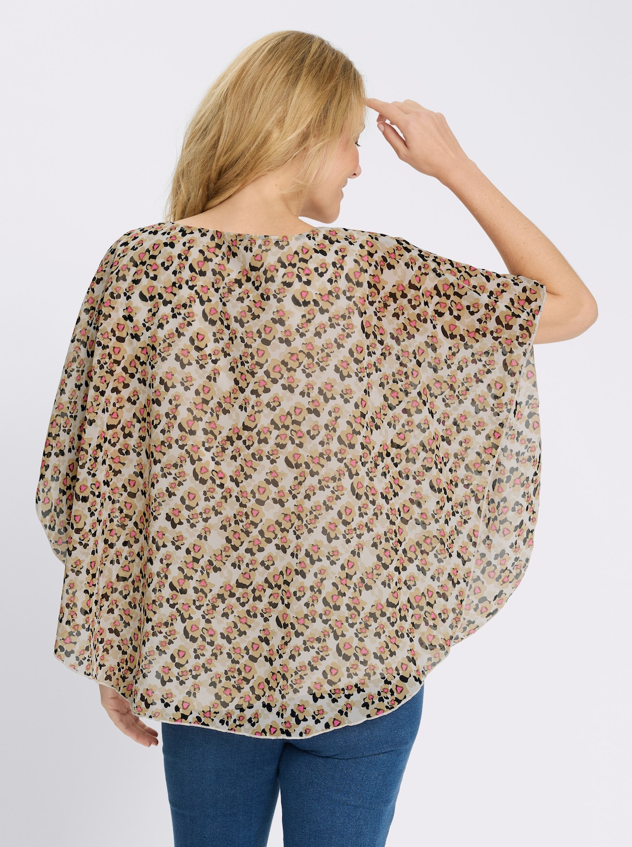 Schlupfbluse im Lagenlook - champagner-camel-bedruckt