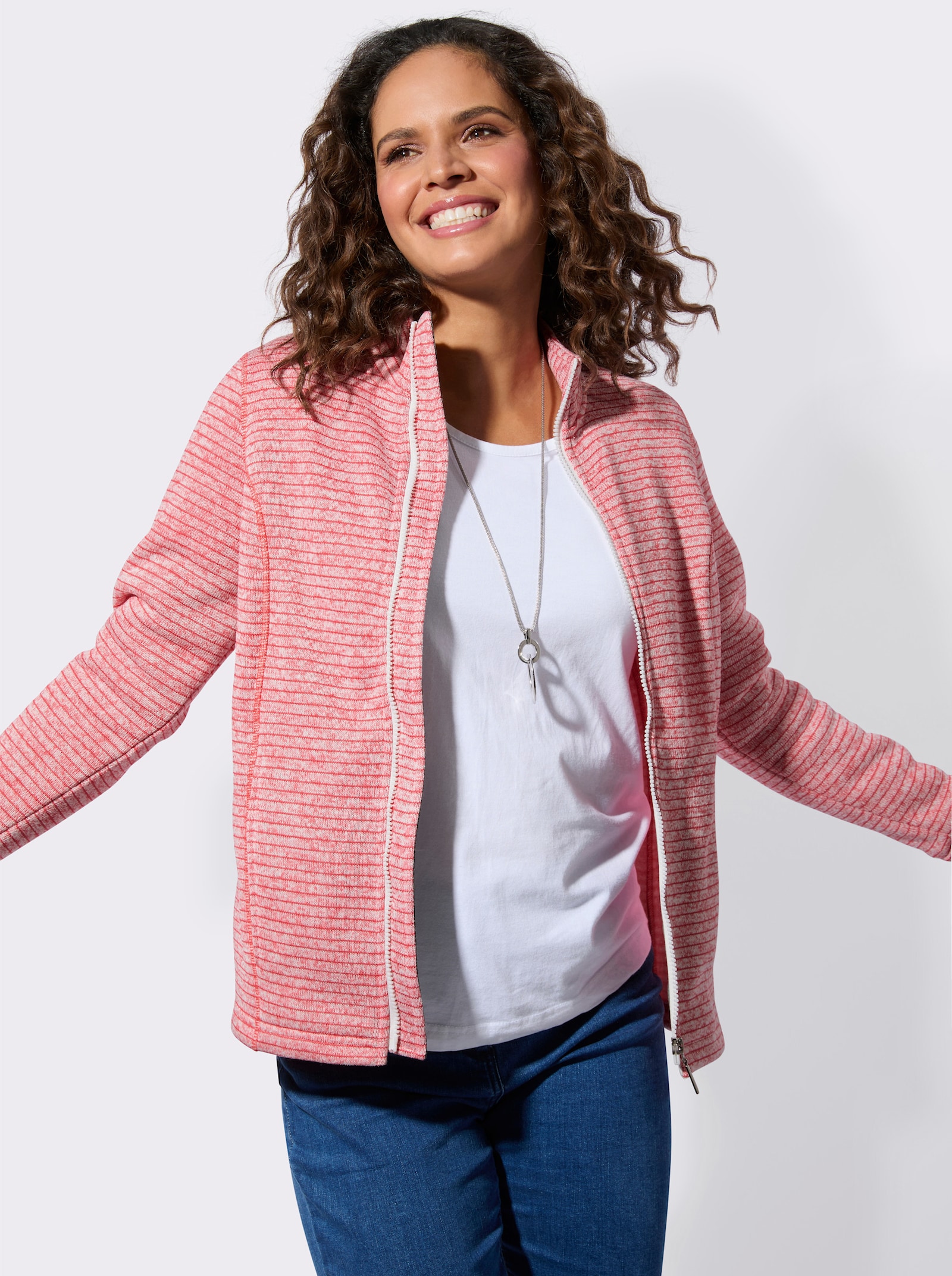 Vest van tricotfleece met naadzakken - flamingo gemêleerd