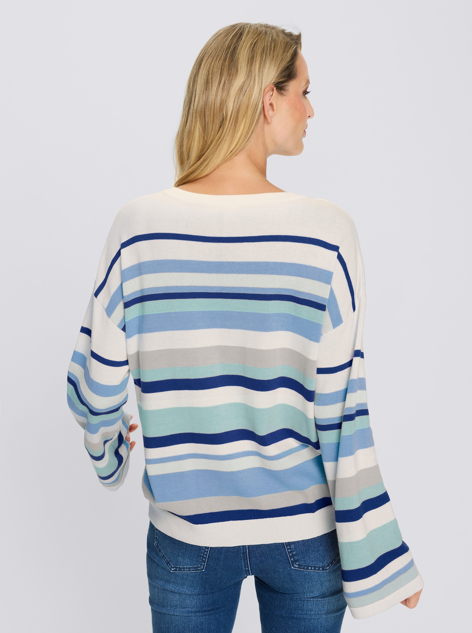 heine Streifenpullover mit Trompetenärmel - ecru-himmelblau-geringelt