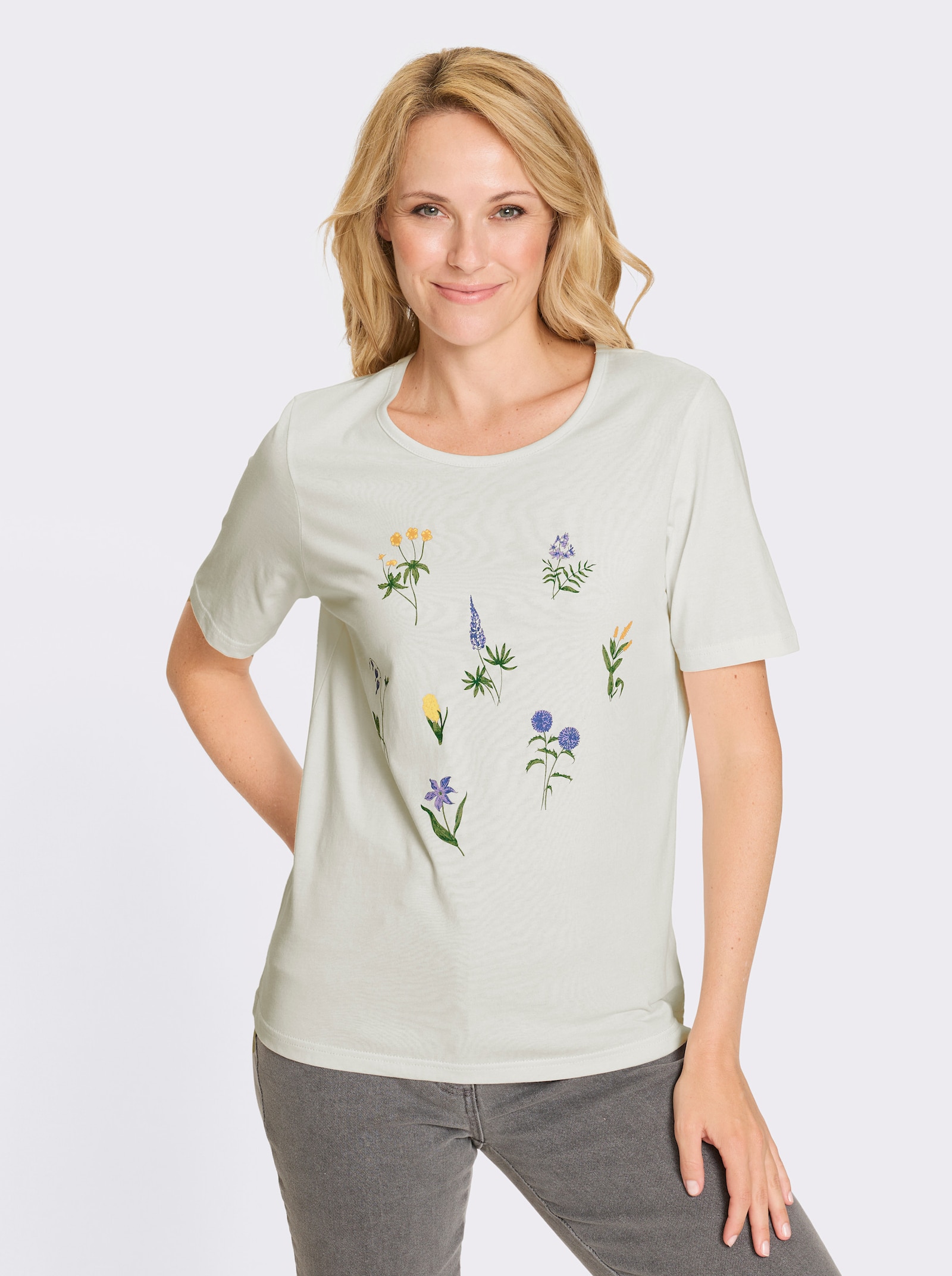 Kurzarmshirt mit Wiesenblumen-Druck - ecru