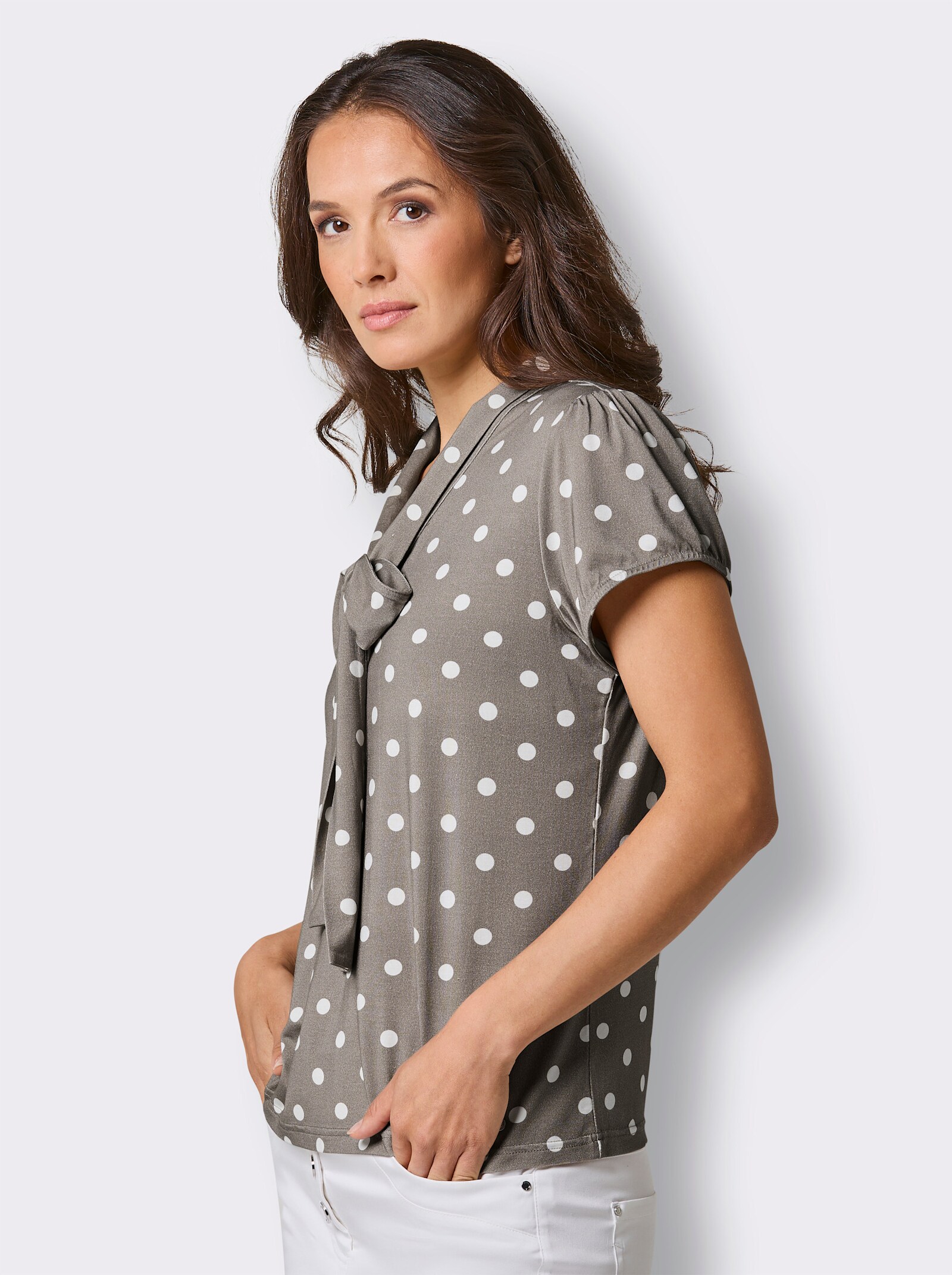 CREATION L PREMIUM Print-Shirt mit Schluppe und Flügelärmeln - taupe-ecru-getupft