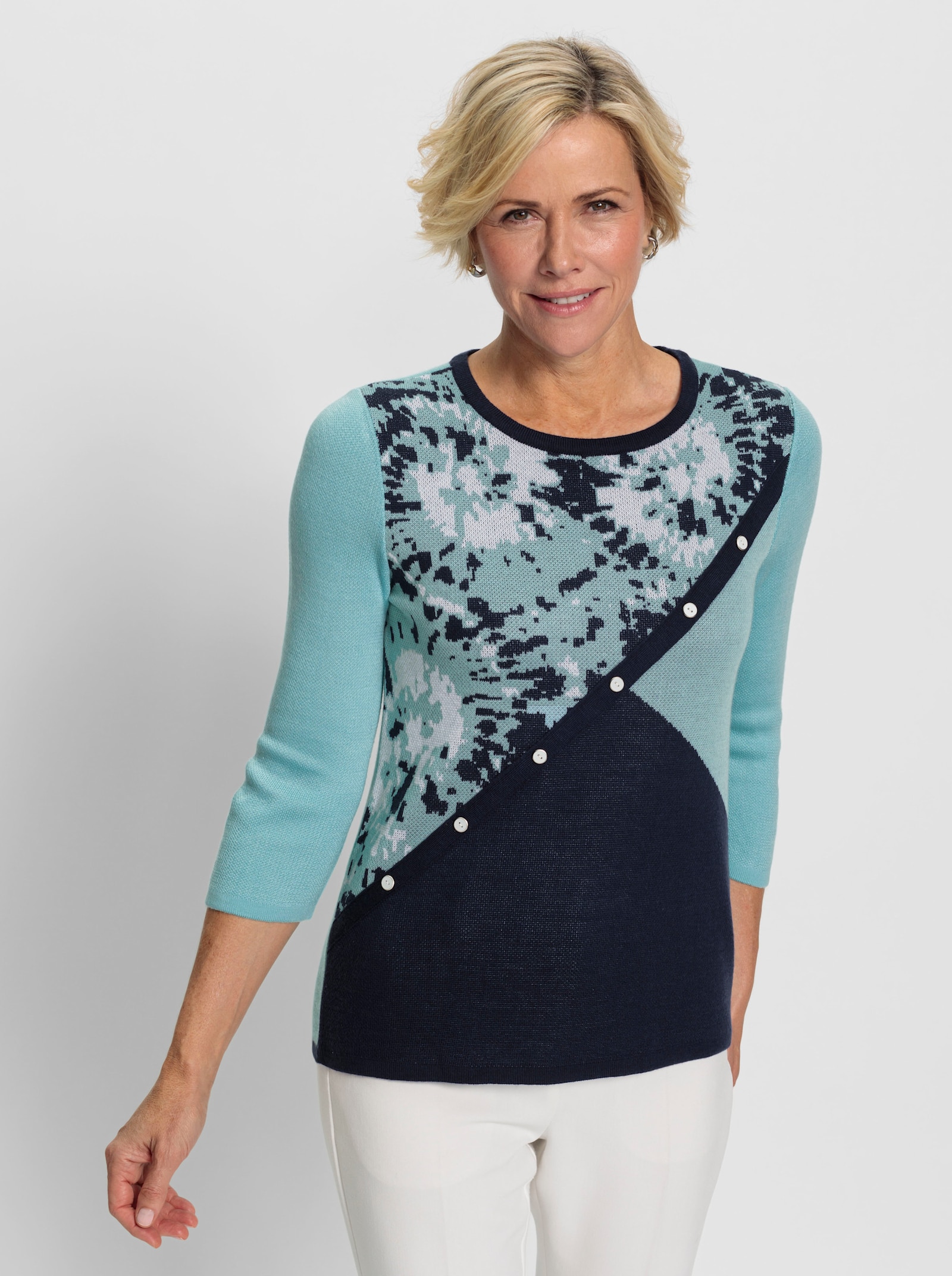 Jacquard-pullover met patroonmix - aquamarijn/marine gedessineerd