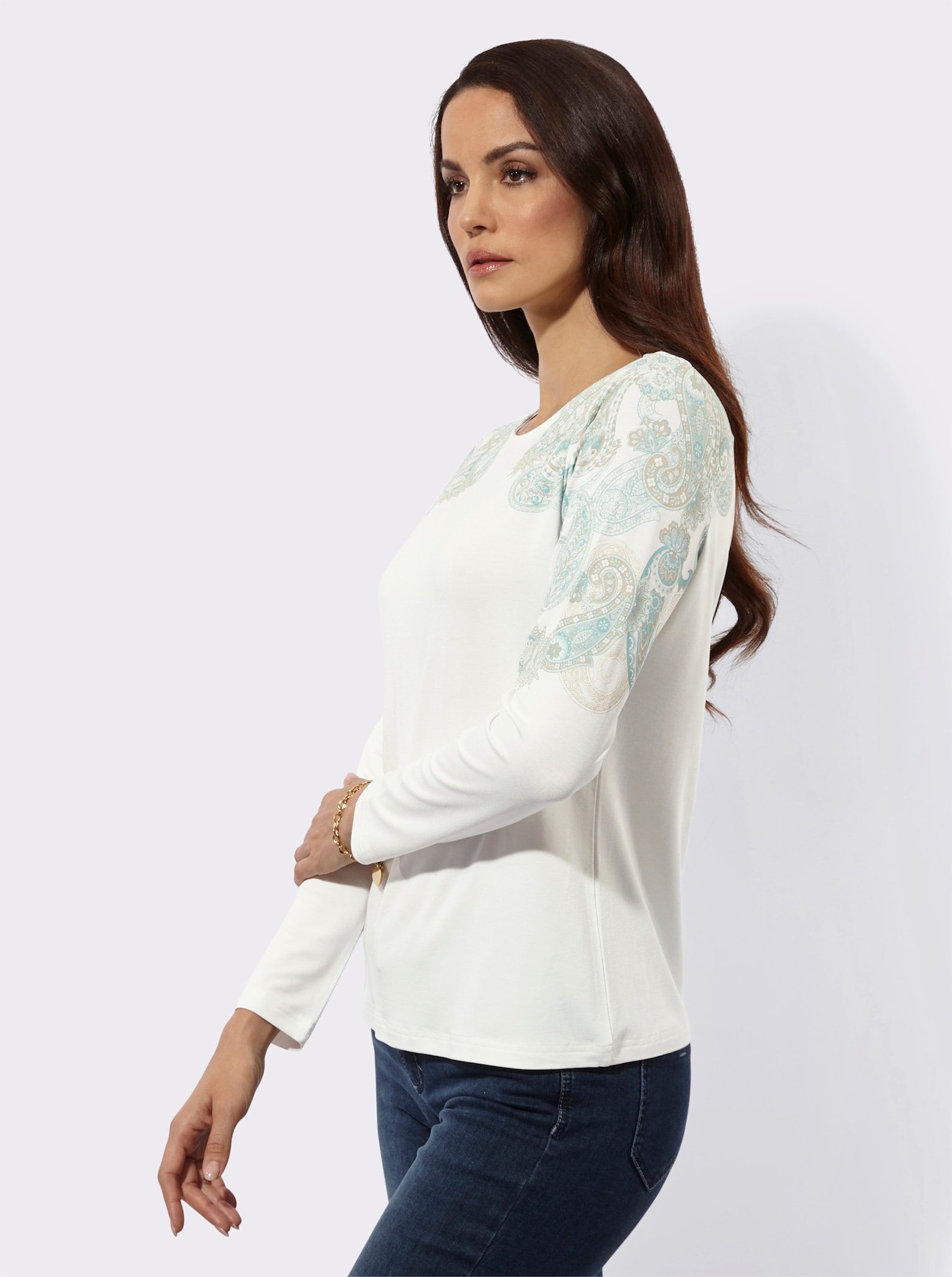 Langarmshirt mit platziertem Paisley-Druck - ecru-salbei-bedruckt