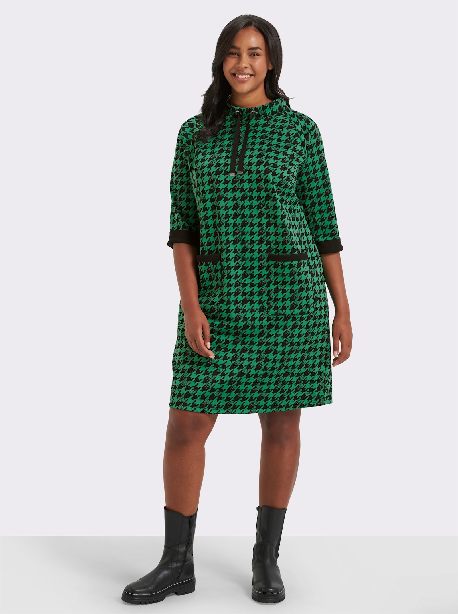 Jerseykleid mit Kontrast-Akzenten - grasgrün-schwarz-gemustert