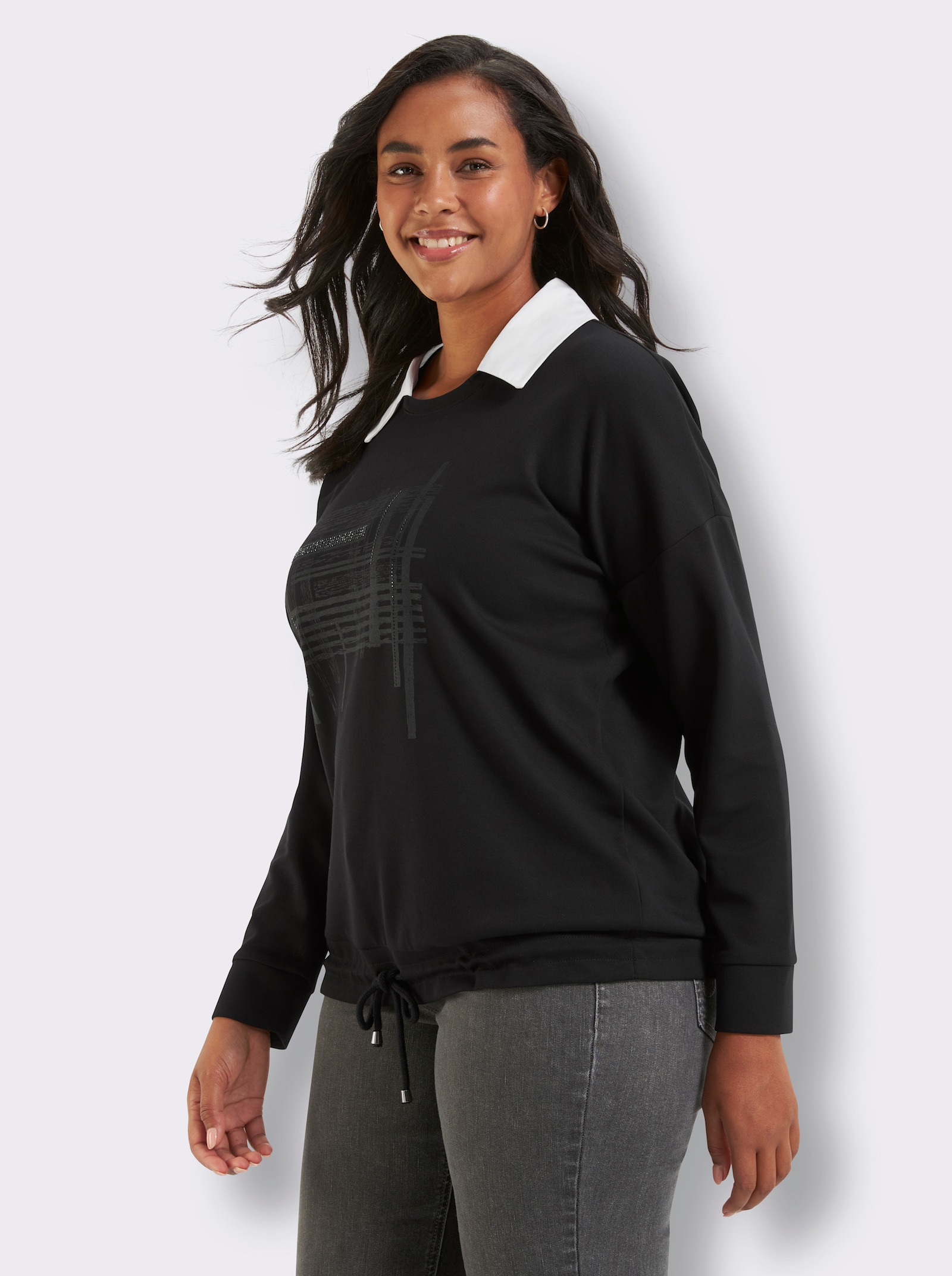 sheego Sweatshirt mit abnehmbarem Hemdkragen - schwarz-bedruckt