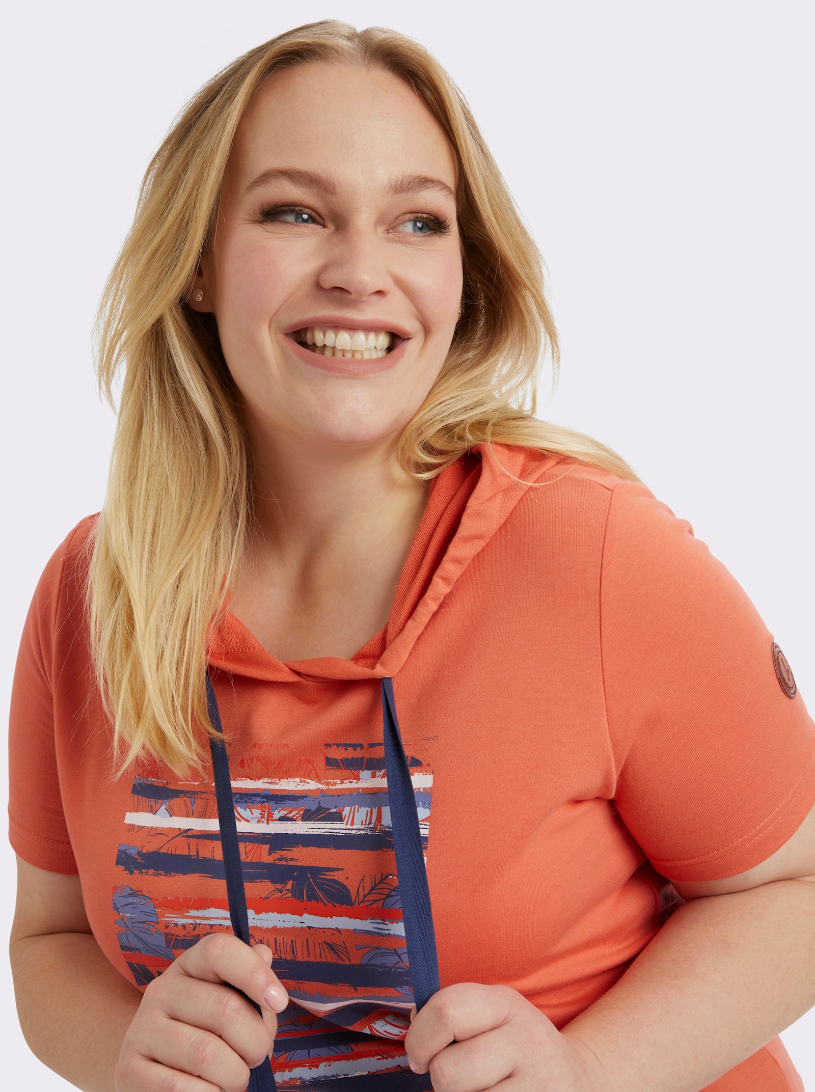 Sweatshirt mit Kapuze - papaya-dunkelblau-bedruckt