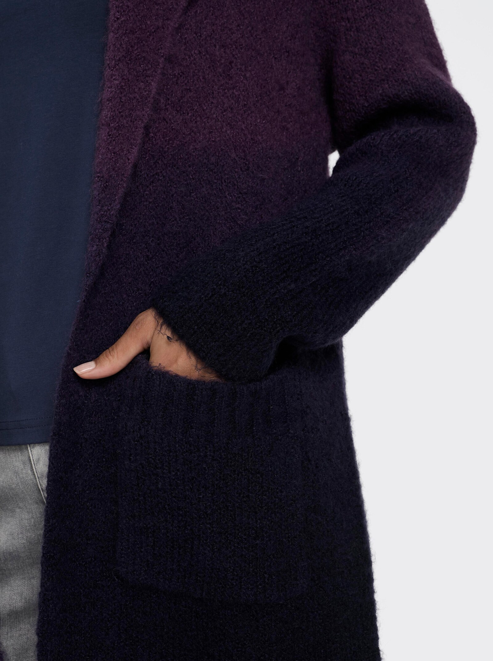 heine Strickmantel mit Fransen am Saum - marine-traube-gemustert