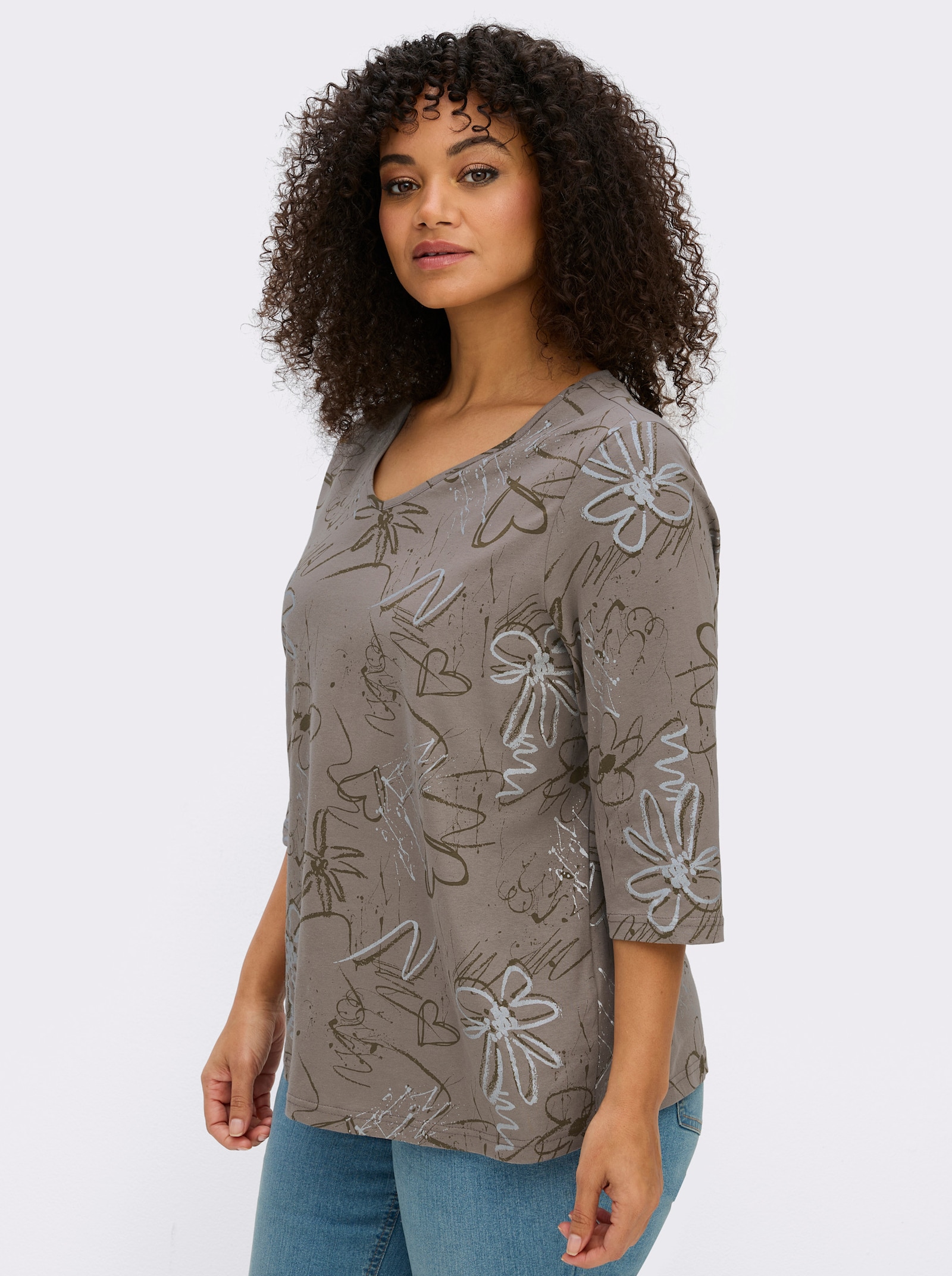 3/4-Arm-Shirt mit Herzen und Blüten verziert - taupe