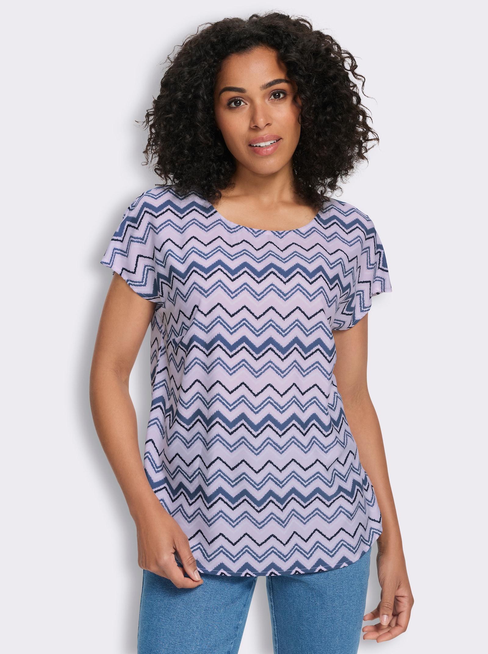 Schlupfbluse mit Zick-Zack-Muster - flieder-jeansblau-bedruckt