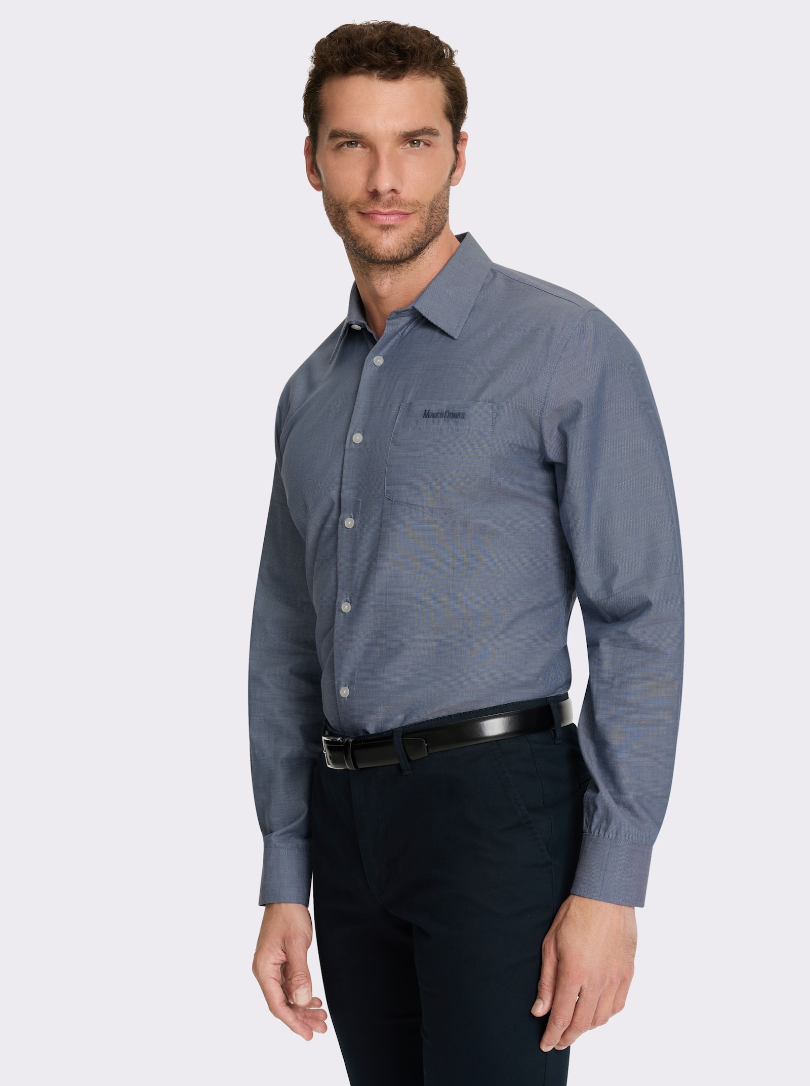 Marco Donati Langarmhemd , fleckgeschützt - rauchblau-meliert