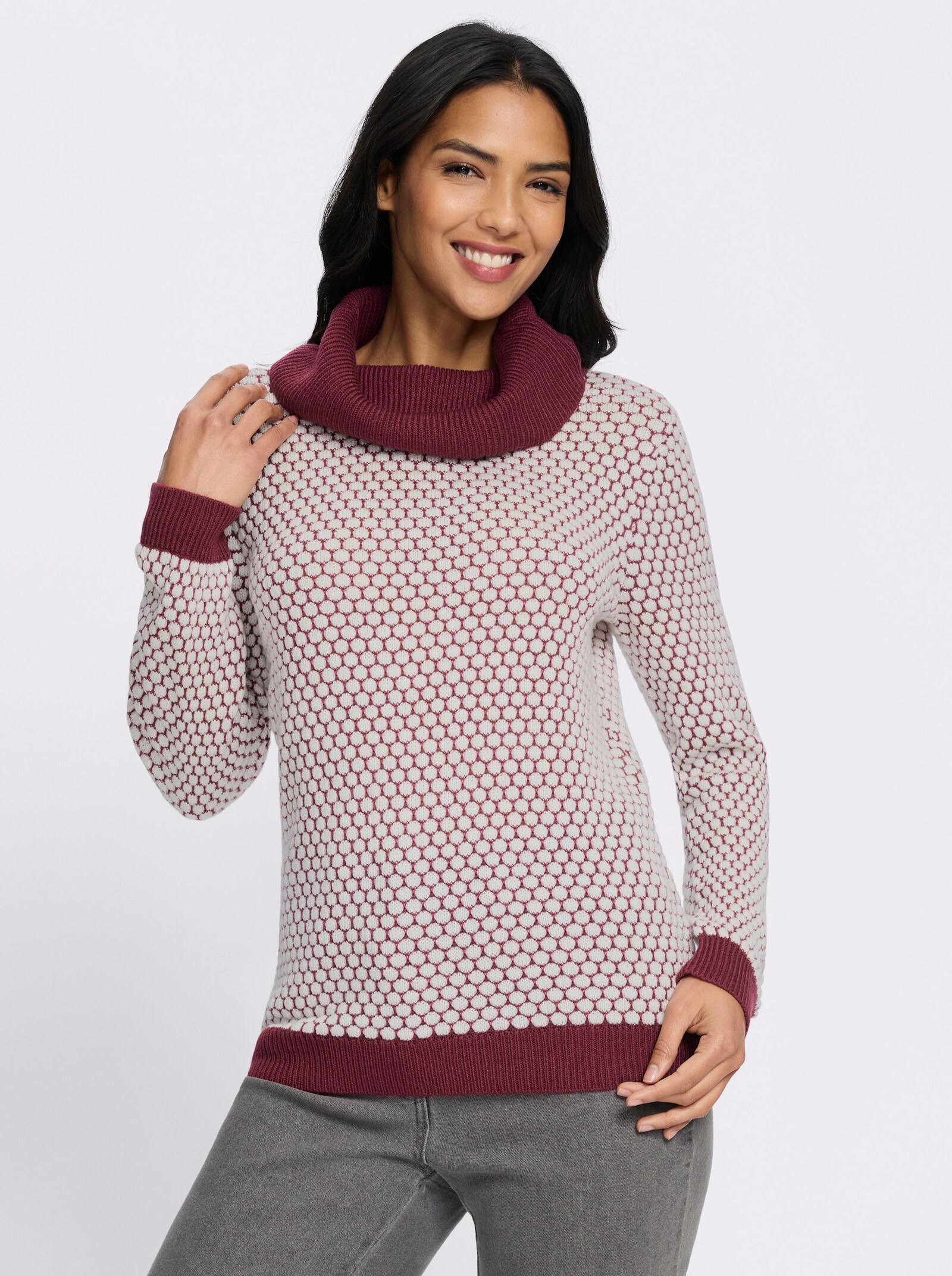 Rollkragenpullover mit Strukturmuster - bordeaux-ecru-gemustert