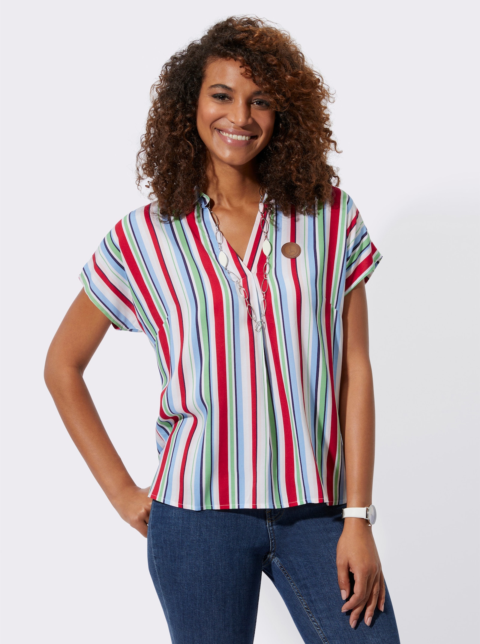 Gestreepte blouse met rimpeling achter - hemelsblauw/rood gestreept