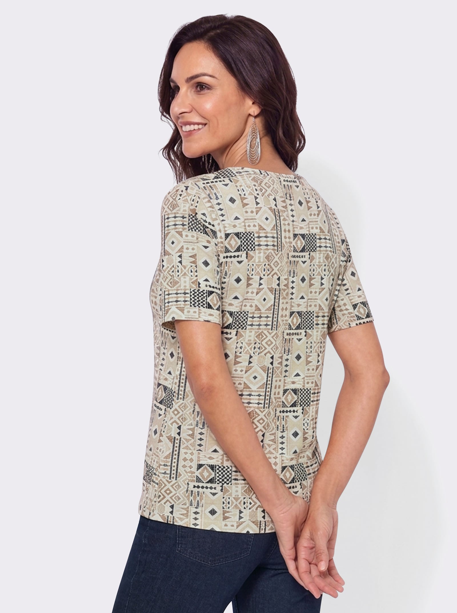 Tunikashirt im Patchwork-Dessin - sand-schwarz-bedruckt