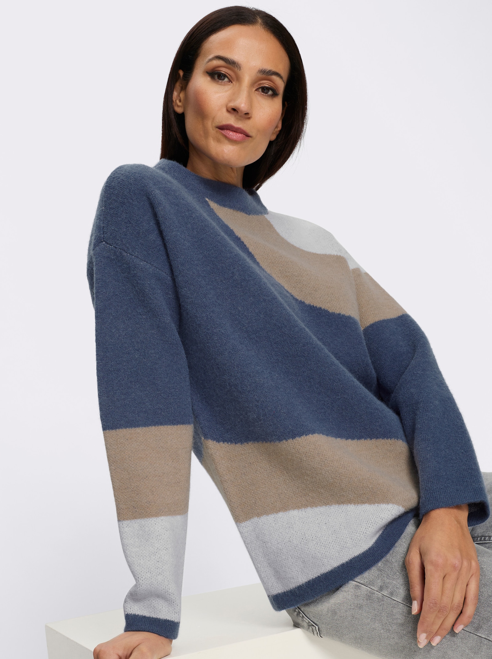 heine Pullover van jacquard met oversized schouders - ecru/rookblauw gedessineerd