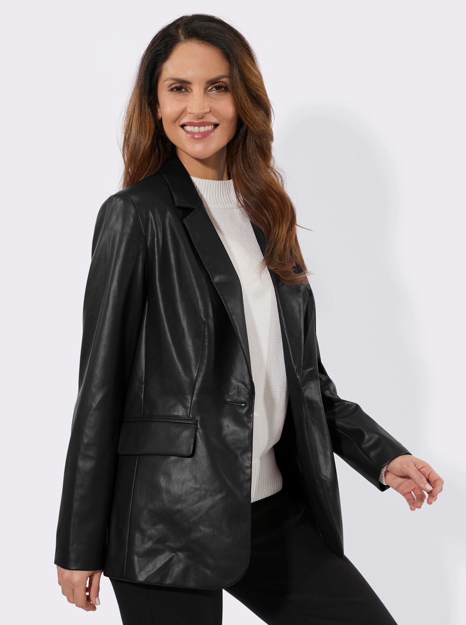 Lederimitat-Blazer mit Reverskragen - schwarz