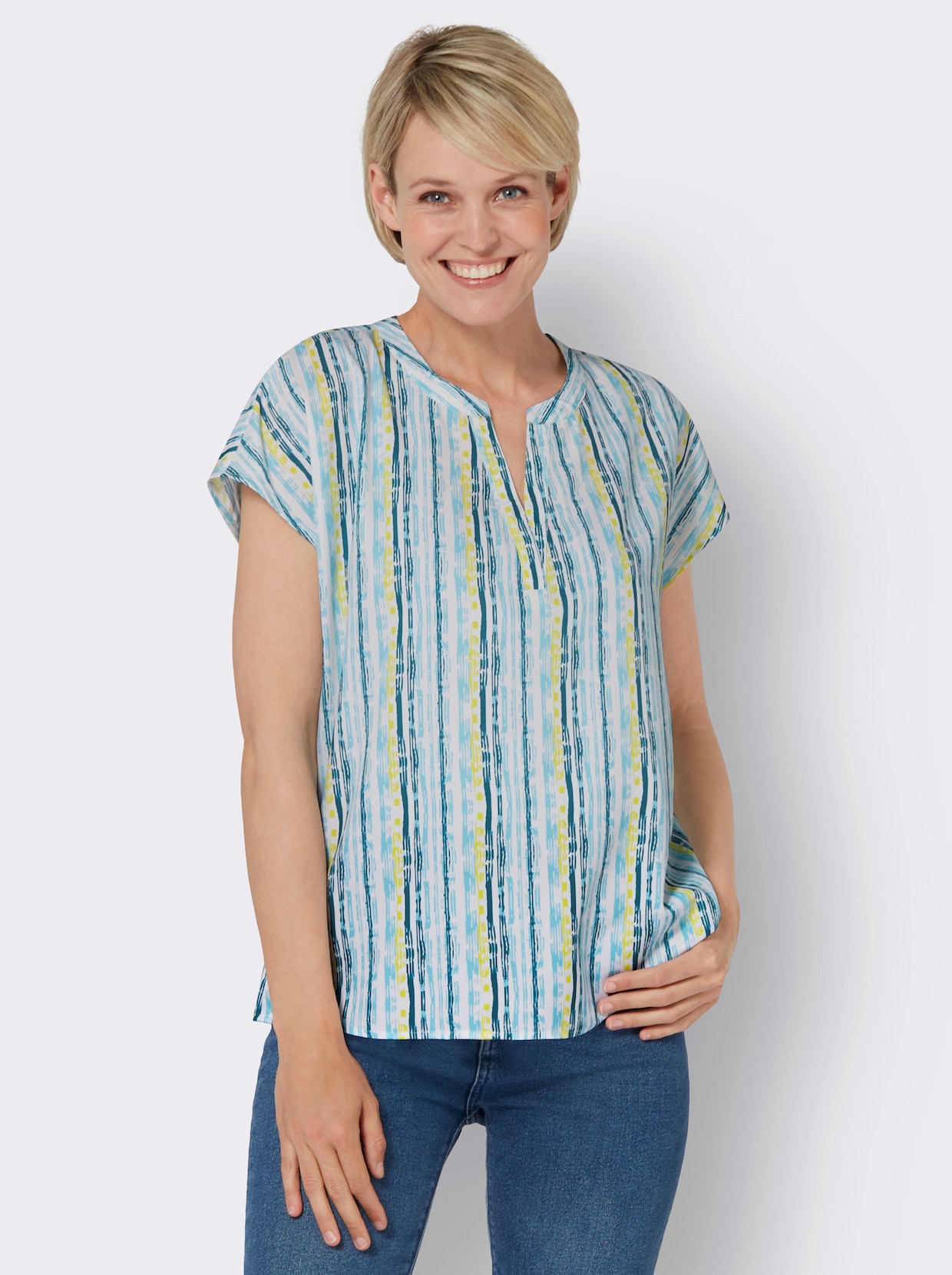 Comfortabele blouse - wit/aquamarine gestreept