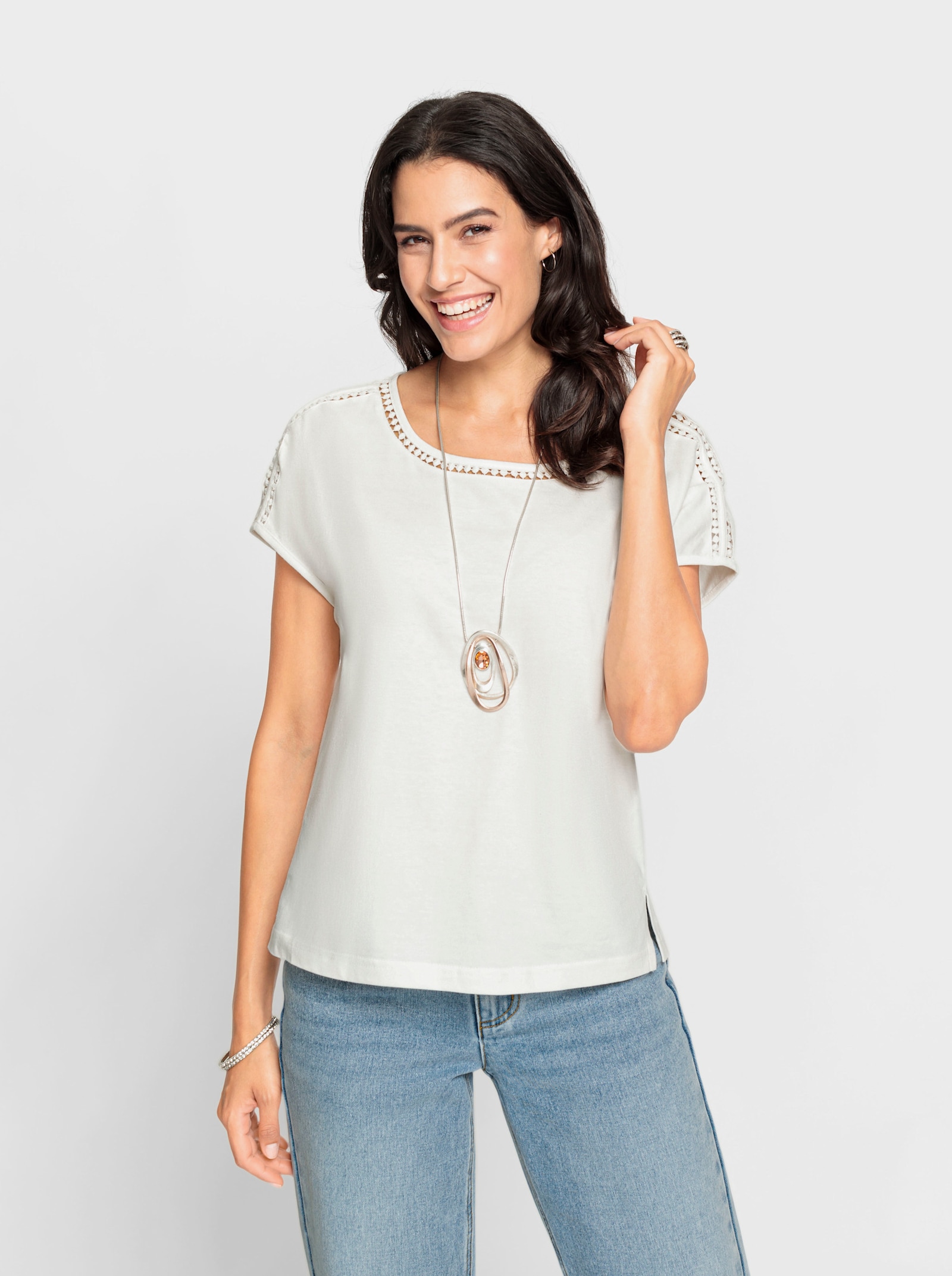 Shirt met ronde hals en kanten band - ecru