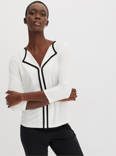 3/4-Arm-Shirt mit Kontrastpaspeln - weiß-schwarz