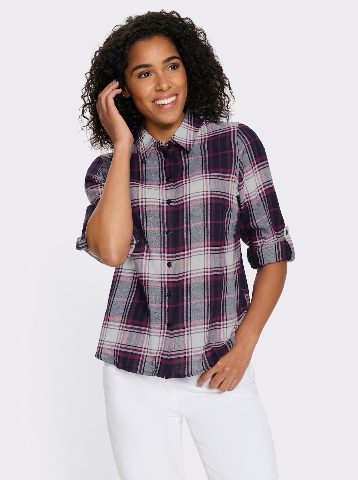 Flanellbluse mit krempelbaren Ärmeln - marine-ecru-kariert