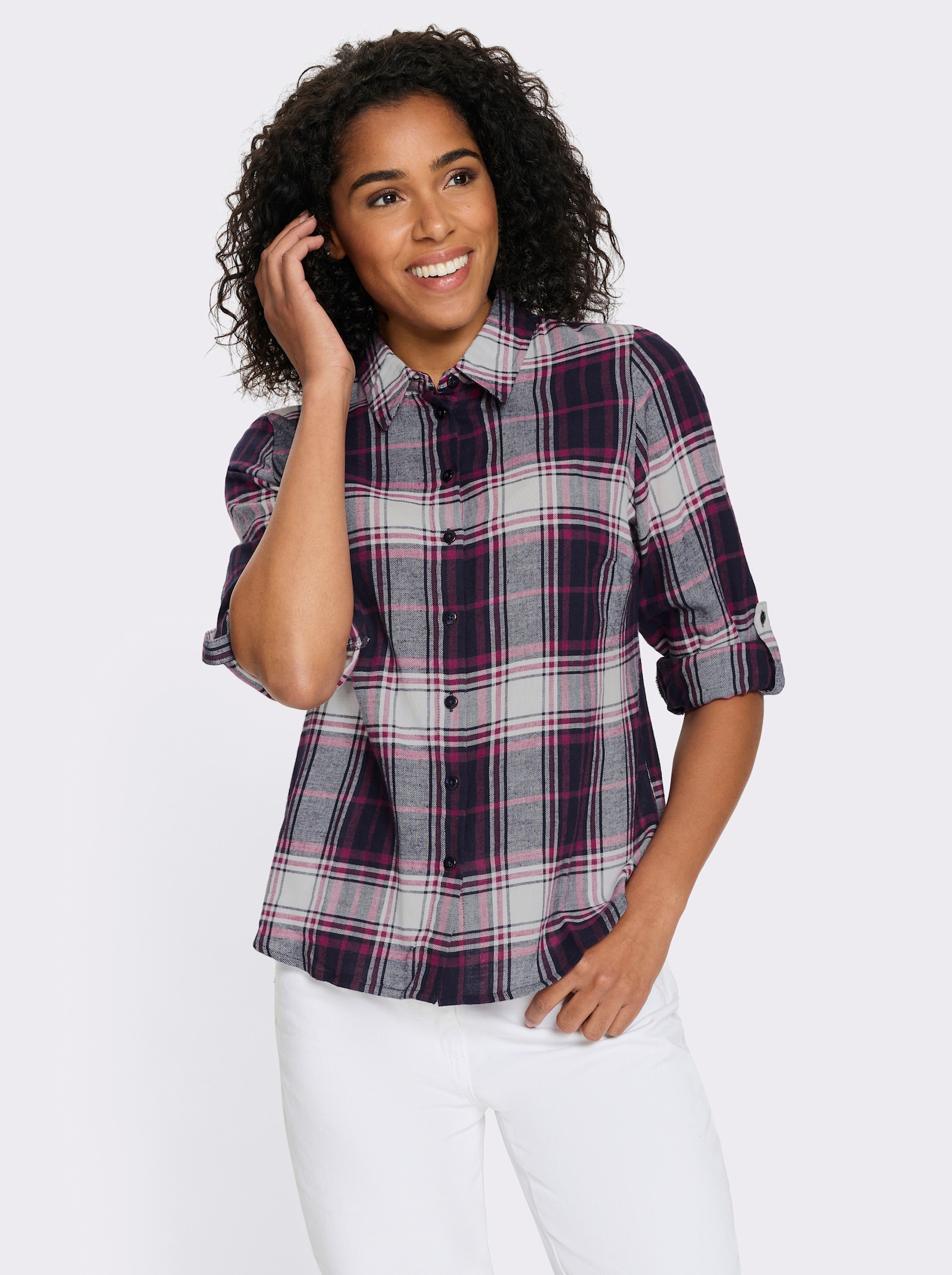 Flanellbluse mit krempelbaren Ärmeln - marine-ecru-kariert