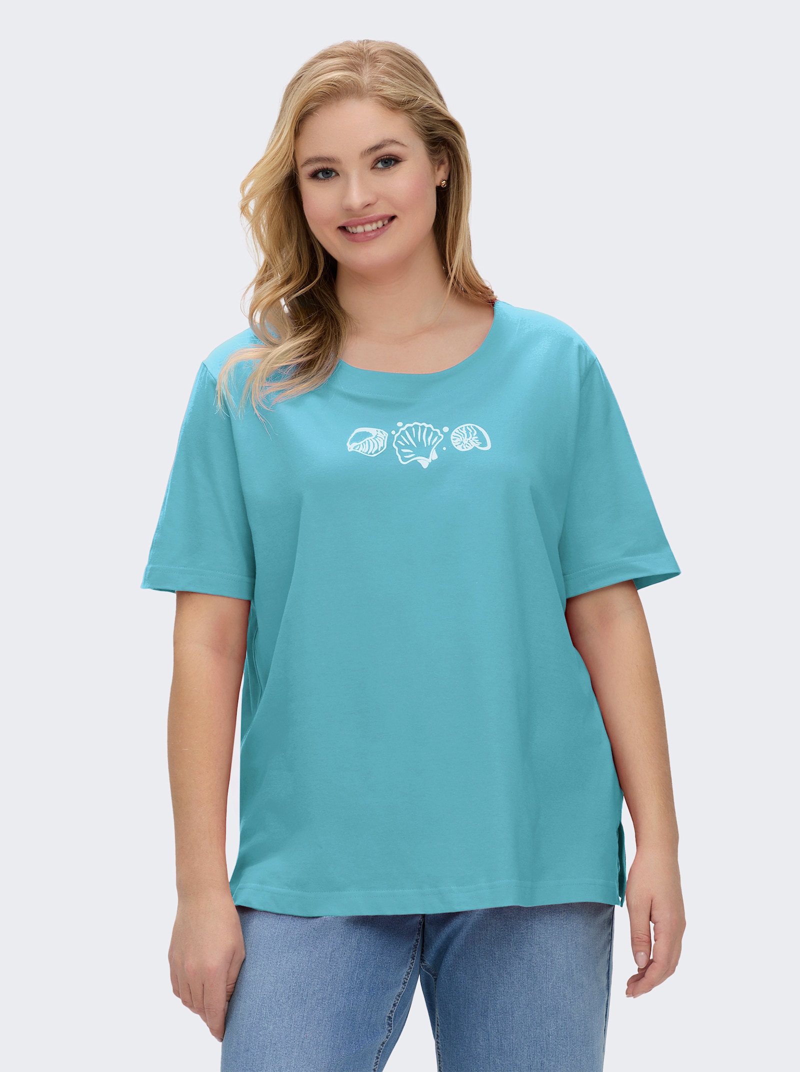 Kurzarmshirt mit Muschel-Druck - türkis