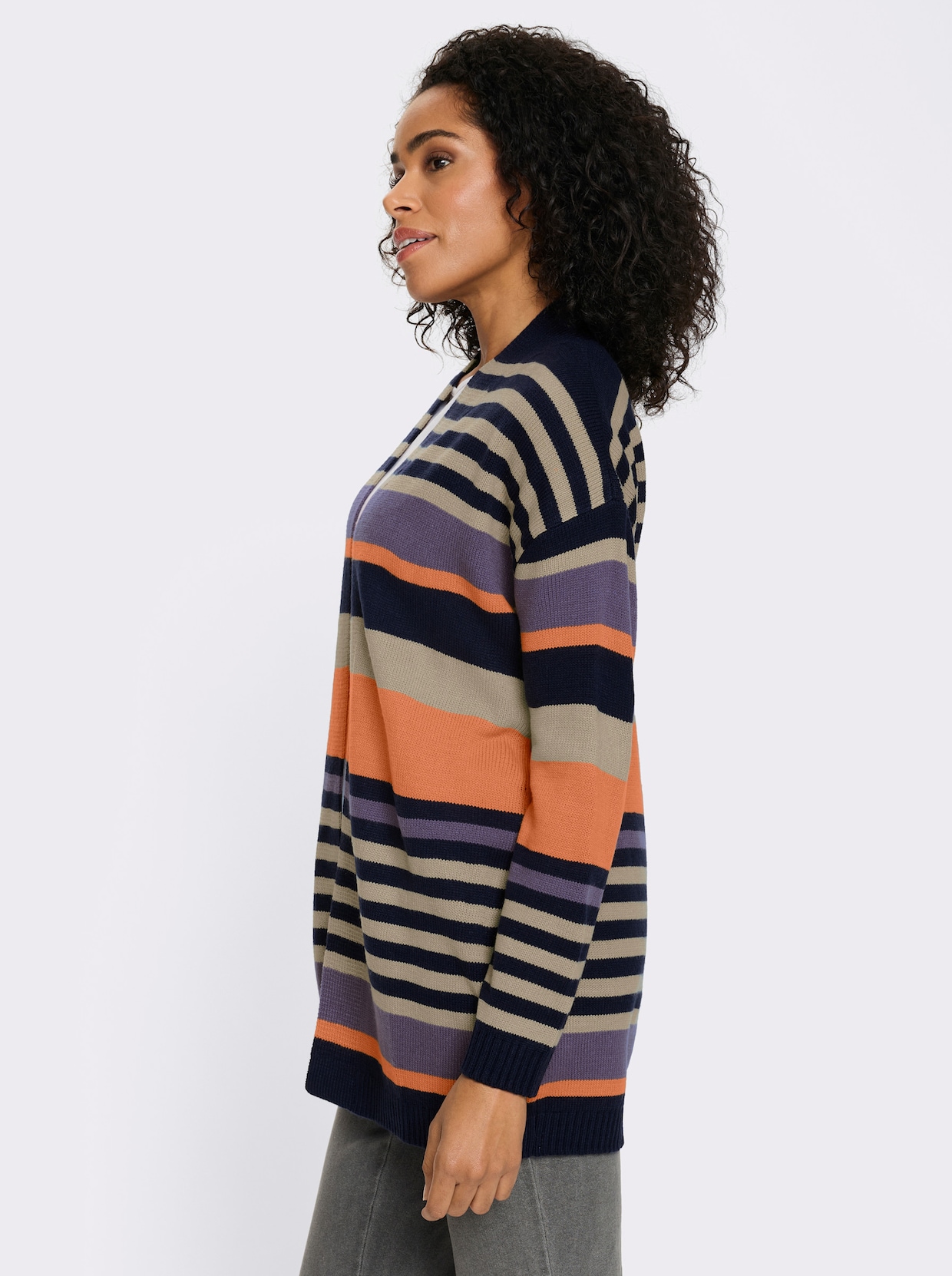 Lang vest in open model - marine/sesam gestreept