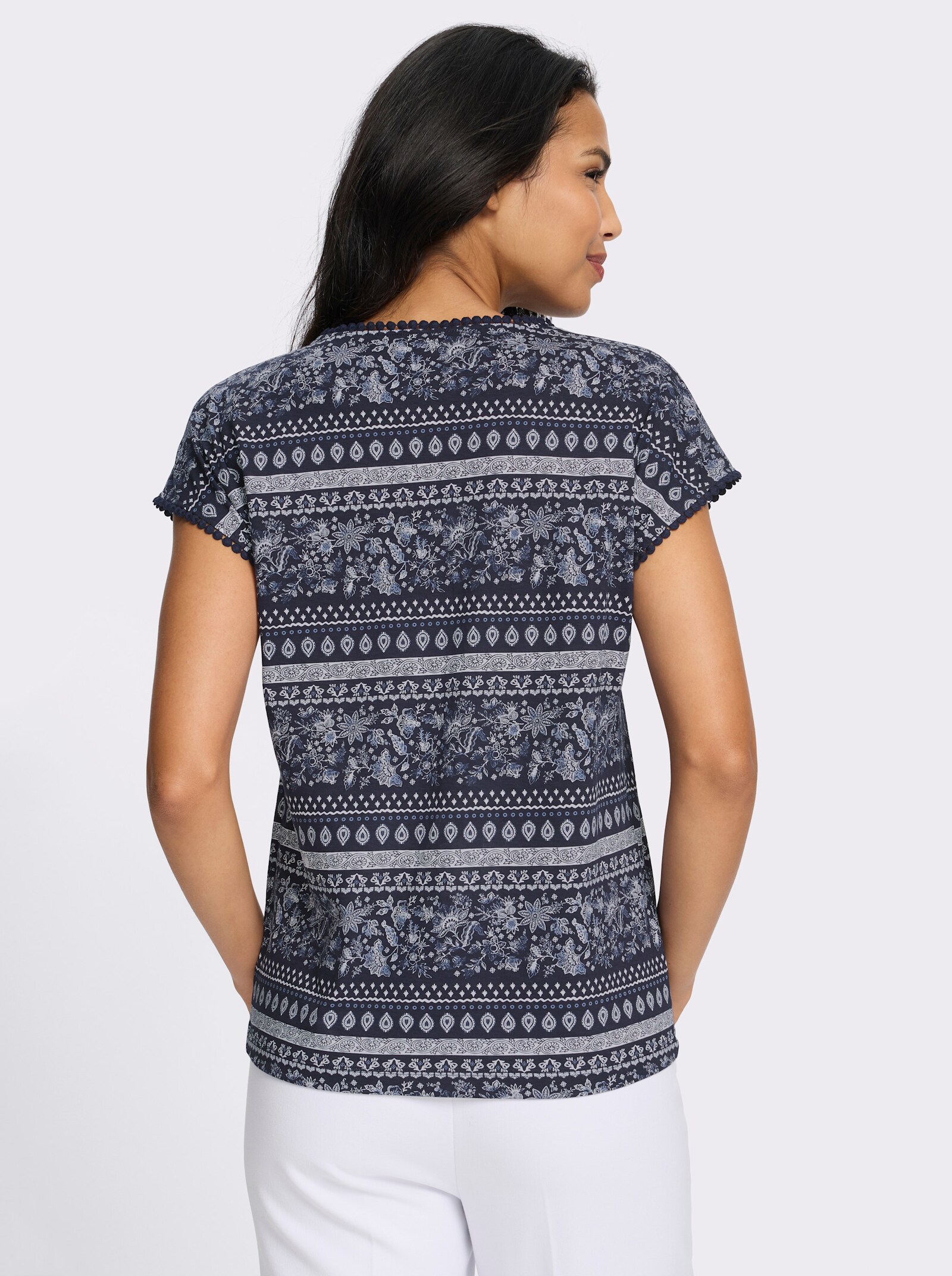 Kurzarmshirt mit überschnittenen Schultern - marine-taubenblau-bedruckt