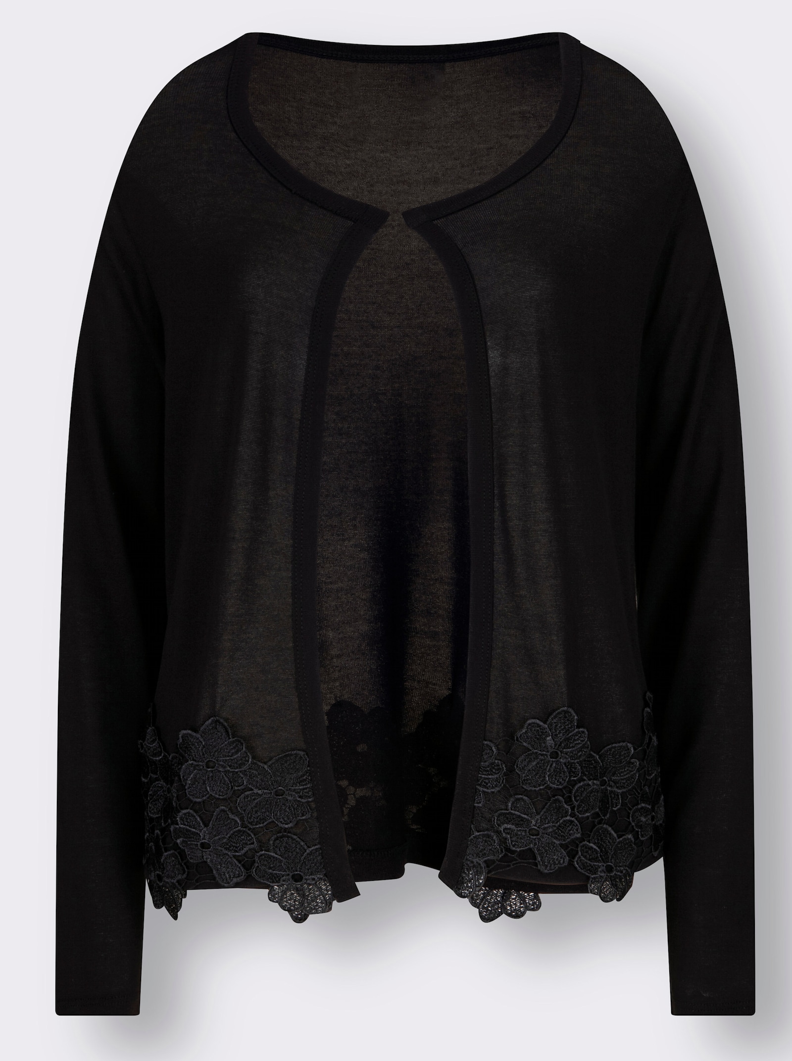 Shirtjacke mit Blütenspitze am Saum - schwarz