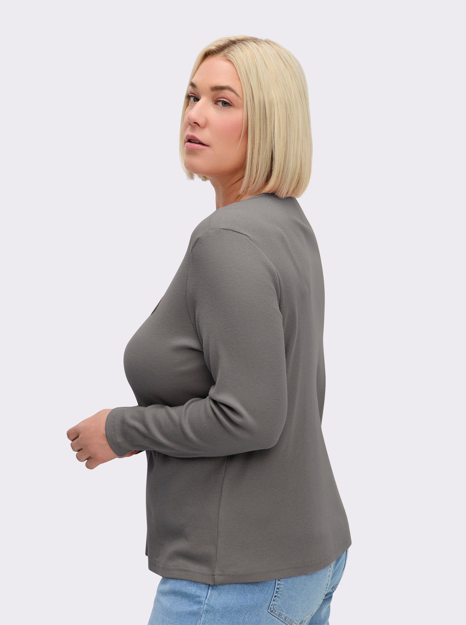 Langarmshirt mit Zierknopfleiste - grau